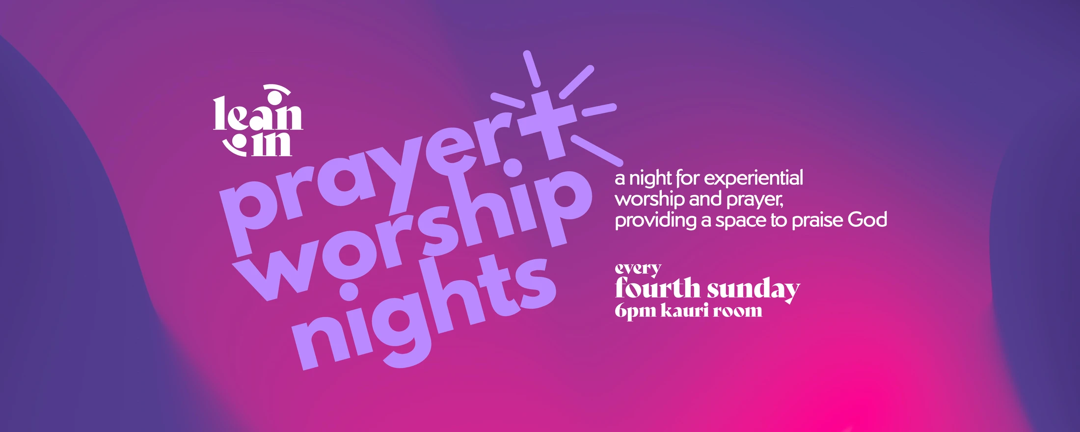 A promotional banner for 'Lean In Prayer Worship Nights' on a purple and magenta gradient background with event details in white and lavender text.