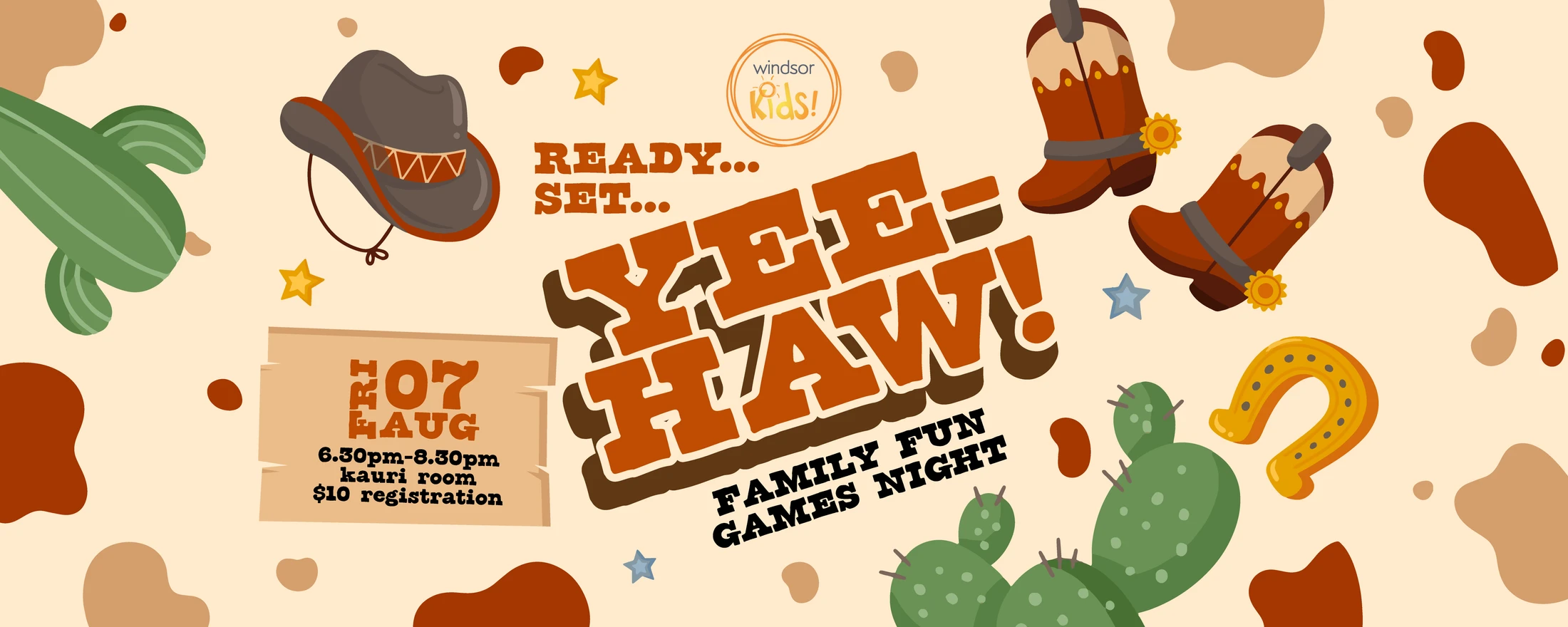 An event banner for a 'Yee-Haw! Family Fun Games Night' with a Western theme, featuring illustrations of a cowboy hat, boots, cacti, and a horseshoe.
