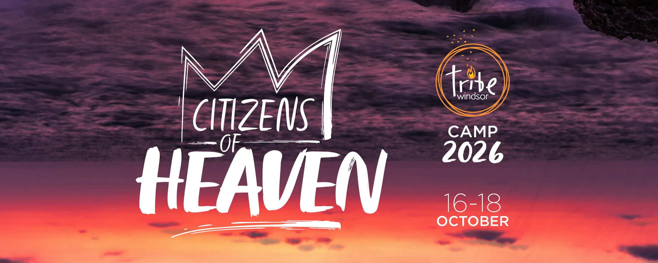 A banner for Tribe Windsor Camp 2026 with the theme 'Citizens of Heaven' written in a stylized font over a purple and orange sunset background.
