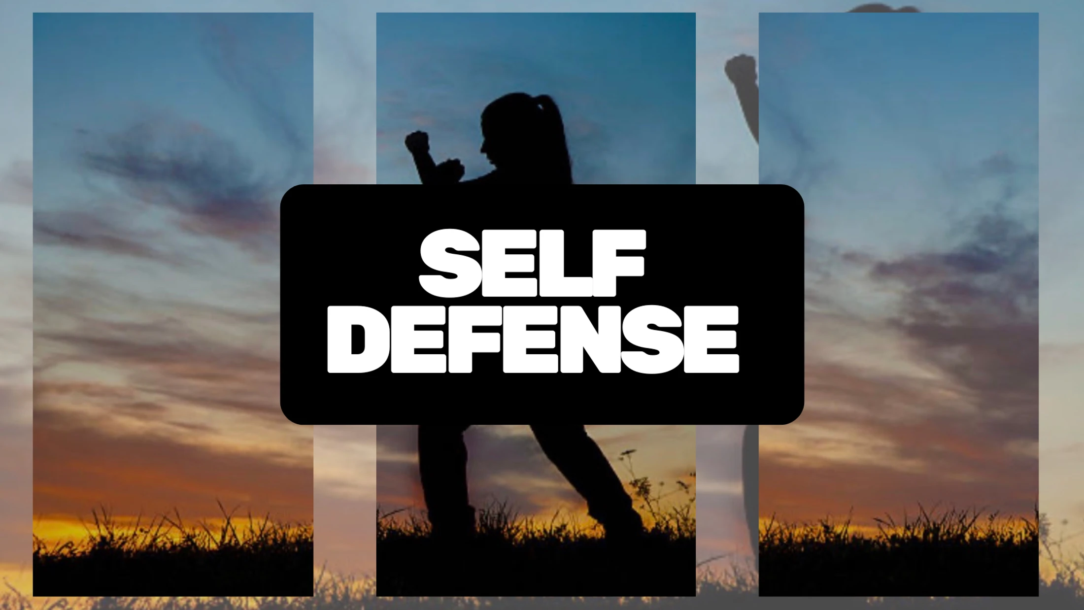 The words 'Self Defense' are superimposed over a silhouette of a woman in a fighting stance against a beautiful sunset sky.