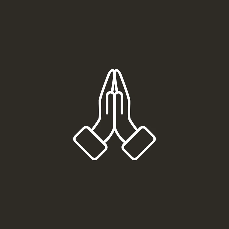 A simple white line icon of two hands pressed together in a prayer or namaste gesture, set against a dark gray background.
