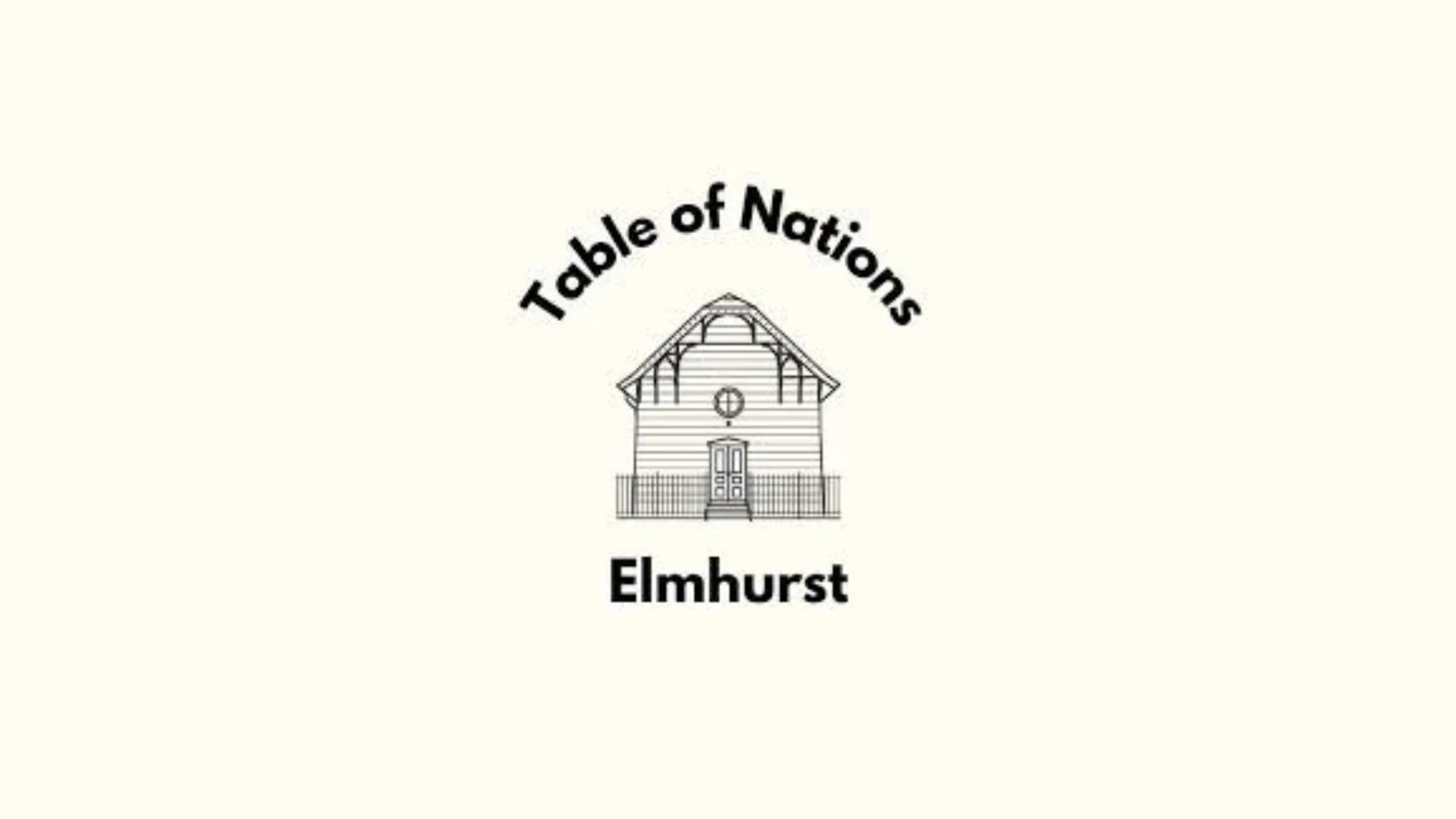 A black and white logo for Table of Nations Elmhurst. It features a line drawing of a building with text arched above and the word Elmhurst below.