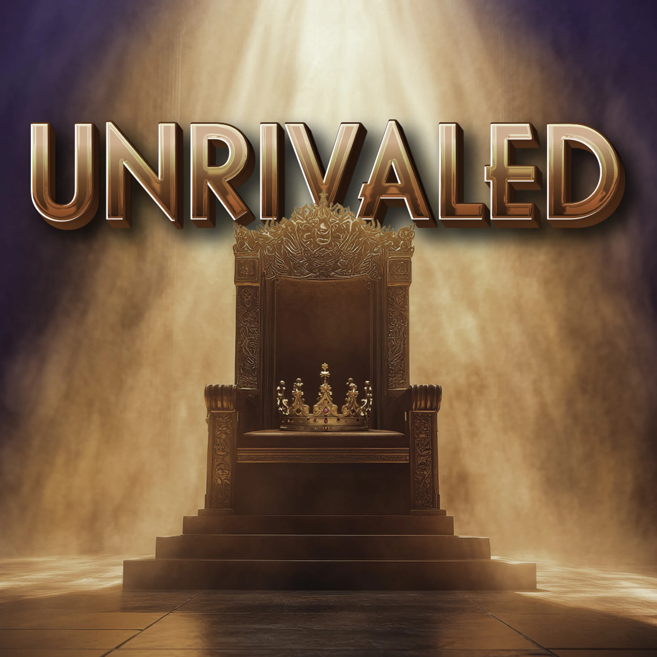 The word UNRIVALED in metallic letters floats above an ornate golden throne with a crown on its seat. Spotlights shine down through a hazy atmosphere.