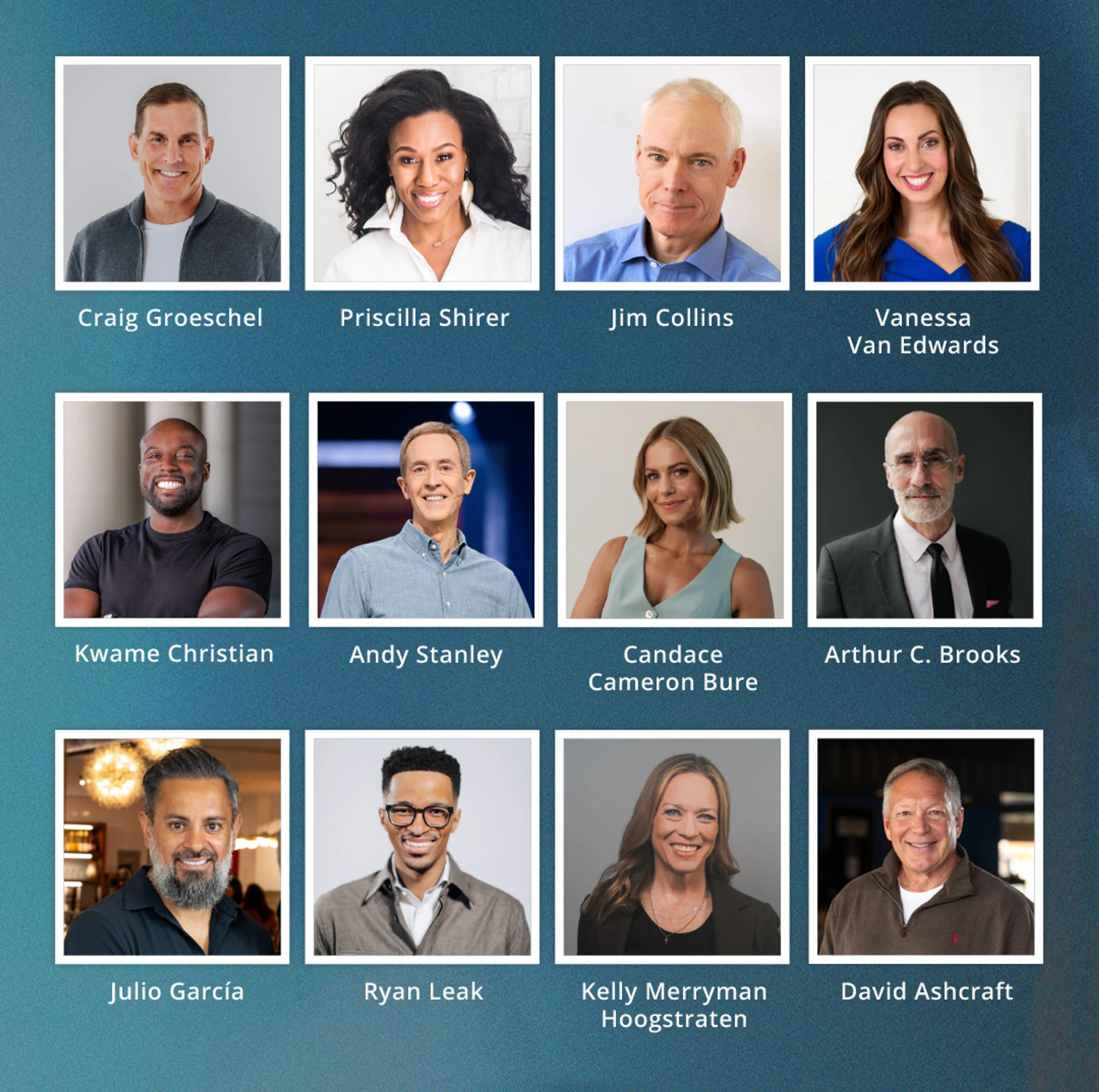 A collage of twelve professional headshots of a diverse group of men and women, with their names printed below each photo on a textured blue background.