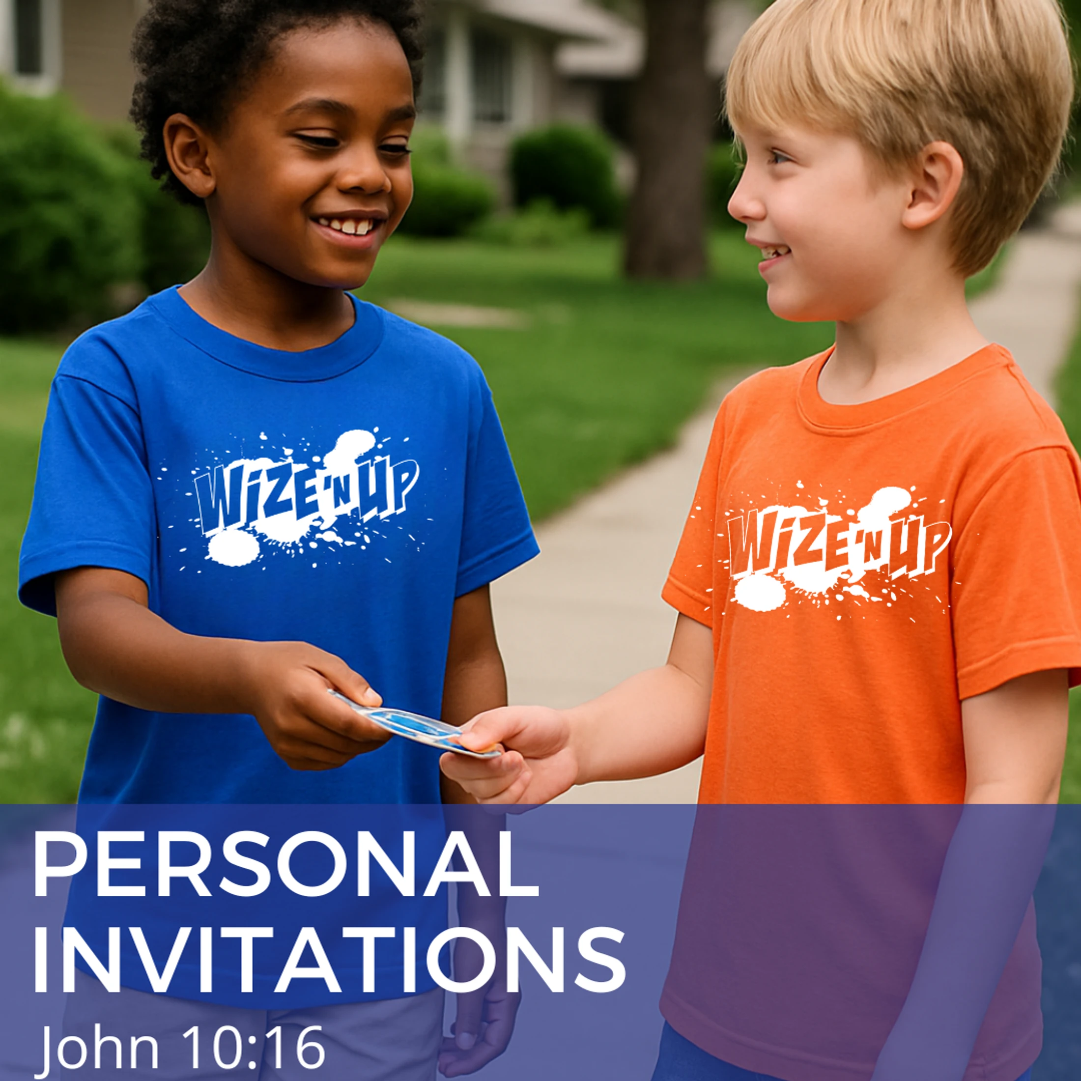A young Black boy in a blue shirt hands a card to a young white boy in an orange shirt. They are smiling at each other on a sidewalk.
