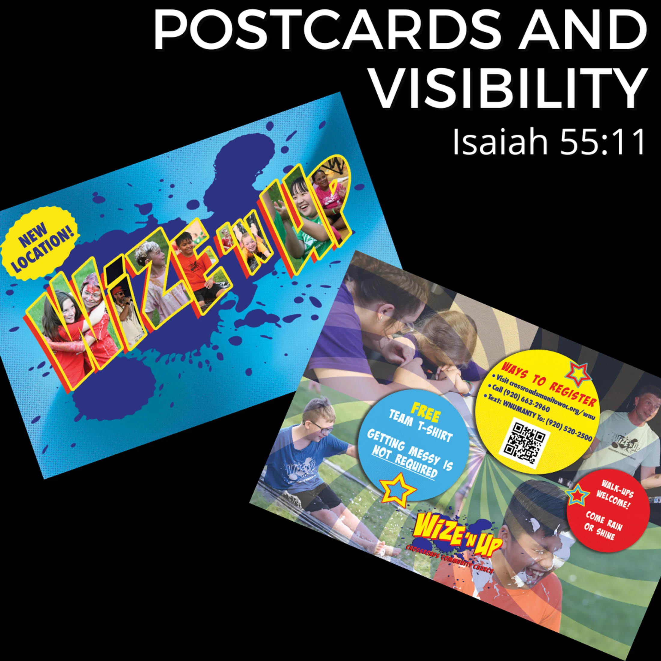 Two colorful promotional postcards for a kids' event called 'Wize N Up,' displayed on a black background under the title 'Postcards and Visibility'.