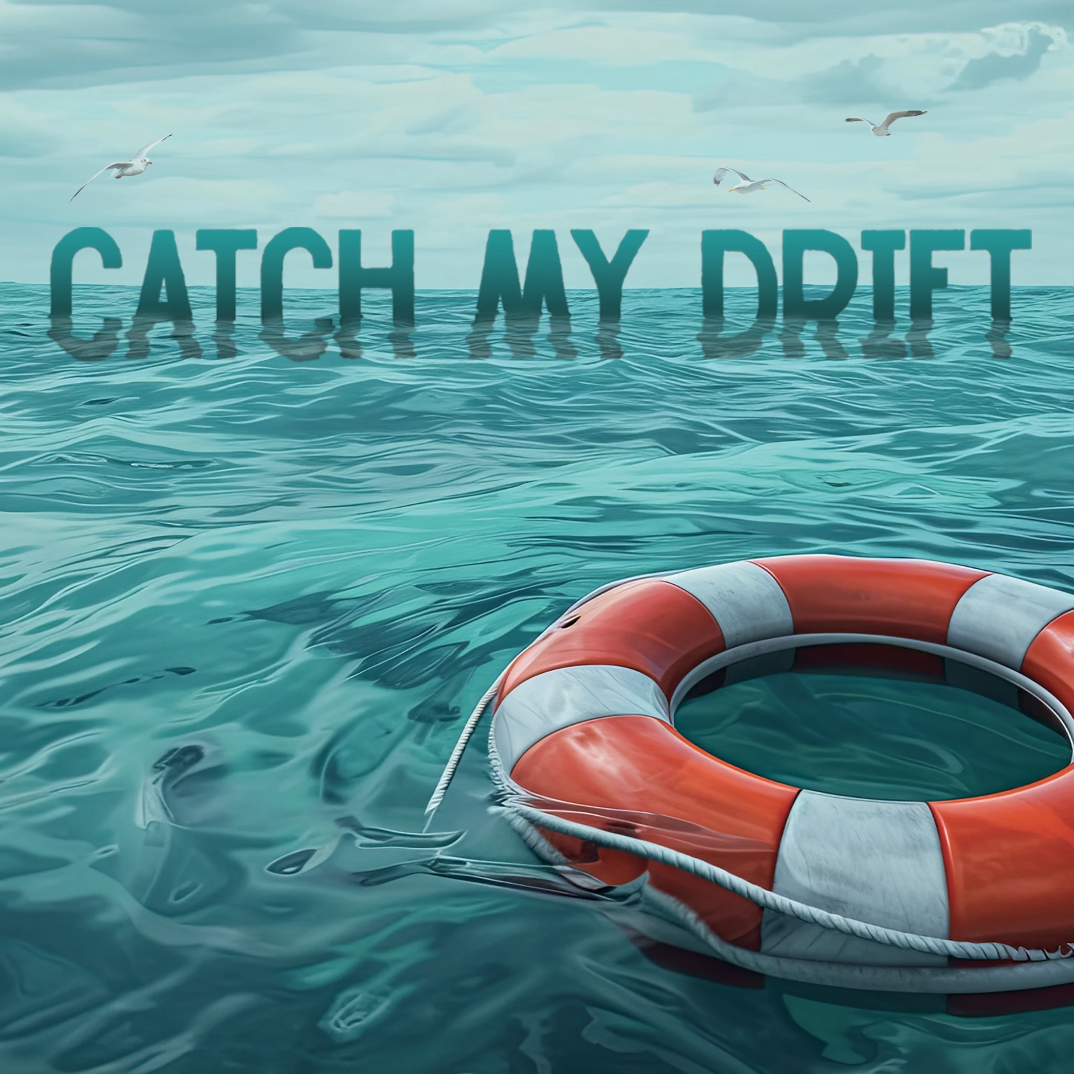 A red and white lifebuoy floats on a turquoise ocean. The words 'CATCH MY DRIFT' rise from the water in the background, with seagulls flying above.