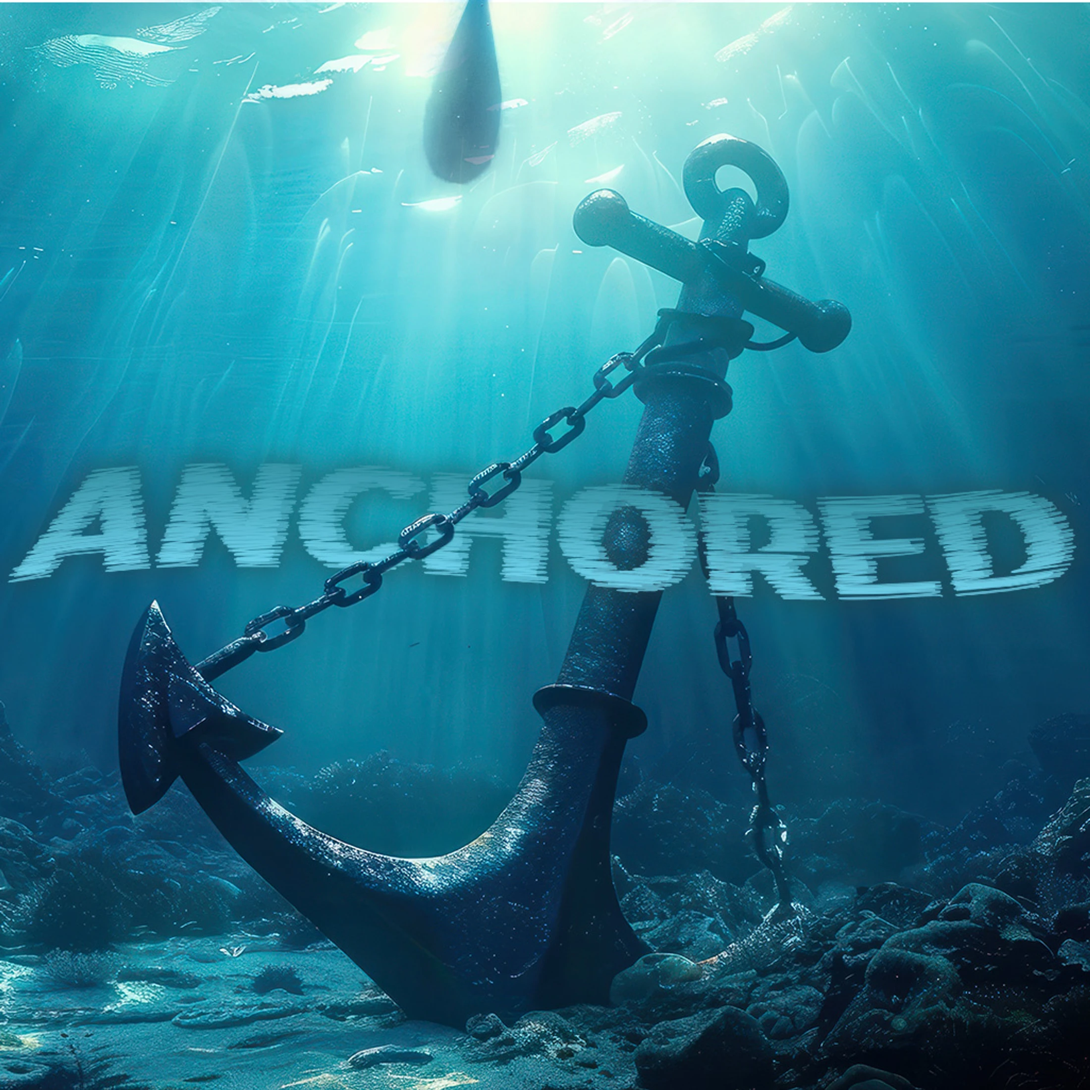 A large, dark anchor rests on the seabed, with light rays filtering down through the blue water. The word 'ANCHORED' is written across the center.