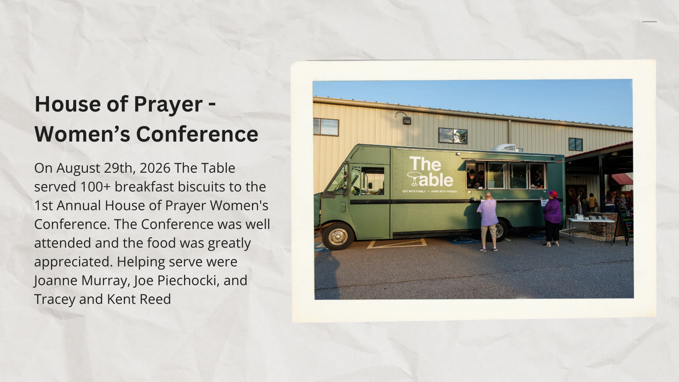 A graphic about the House of Prayer Women's Conference, showing The Table food truck serving breakfast to attendees in a parking lot.