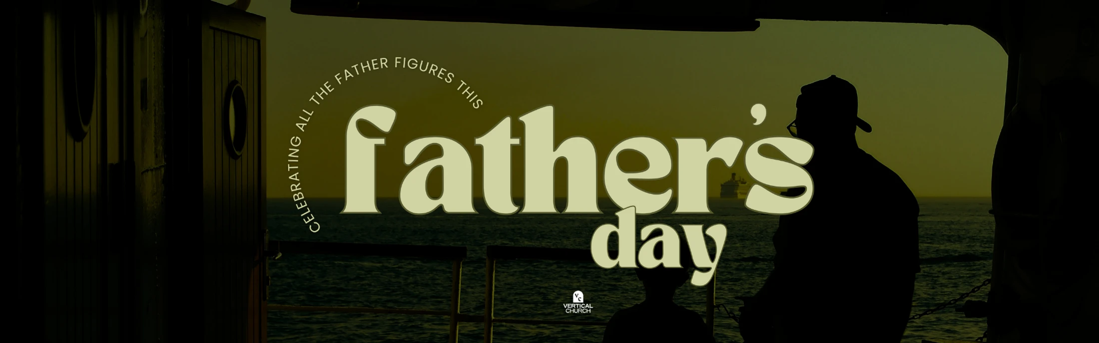 A banner for Father's Day showing a silhouette of a person looking at the ocean. Text reads, 'Celebrating all the father figures this Father's Day'.
