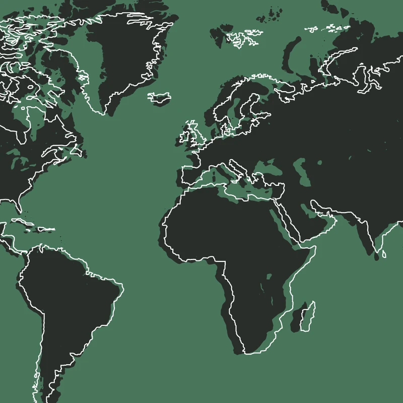 A graphic illustration of a world map with black continents outlined in white, set against a solid dark green background for the oceans.