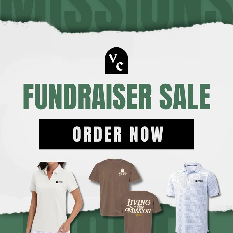 A promotional graphic for a missions fundraiser sale, showing two different polo shirts and a t-shirt. The text says 'Fundraiser Sale' and 'Order Now'.