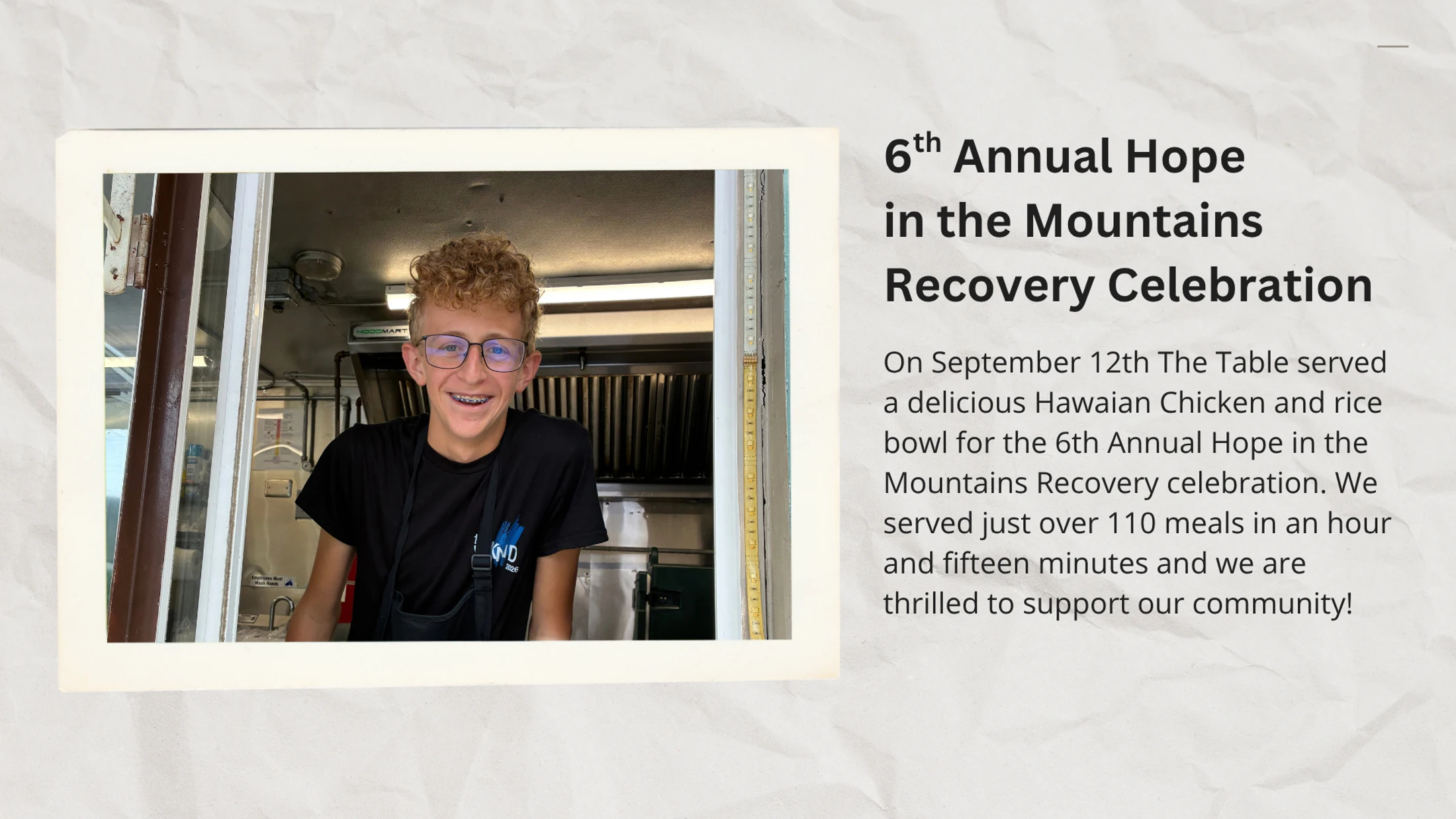A young man with glasses and braces smiles from a food truck window next to text about the 6th Annual Hope in the Mountains Recovery Celebration.