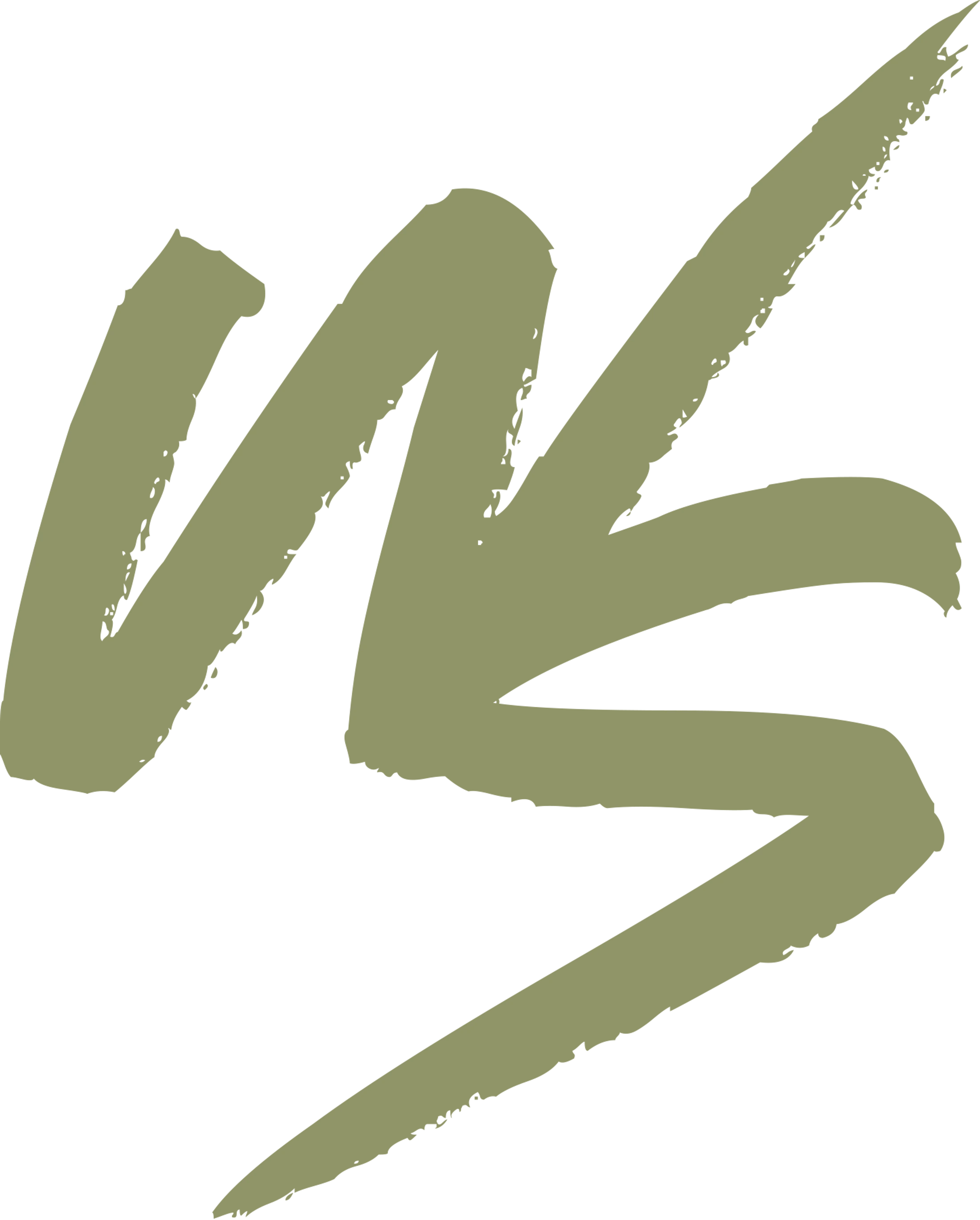 An abstract, olive green graphic mark made with a thick, textured brush stroke style, featuring angular, zigzag lines on a transparent background.