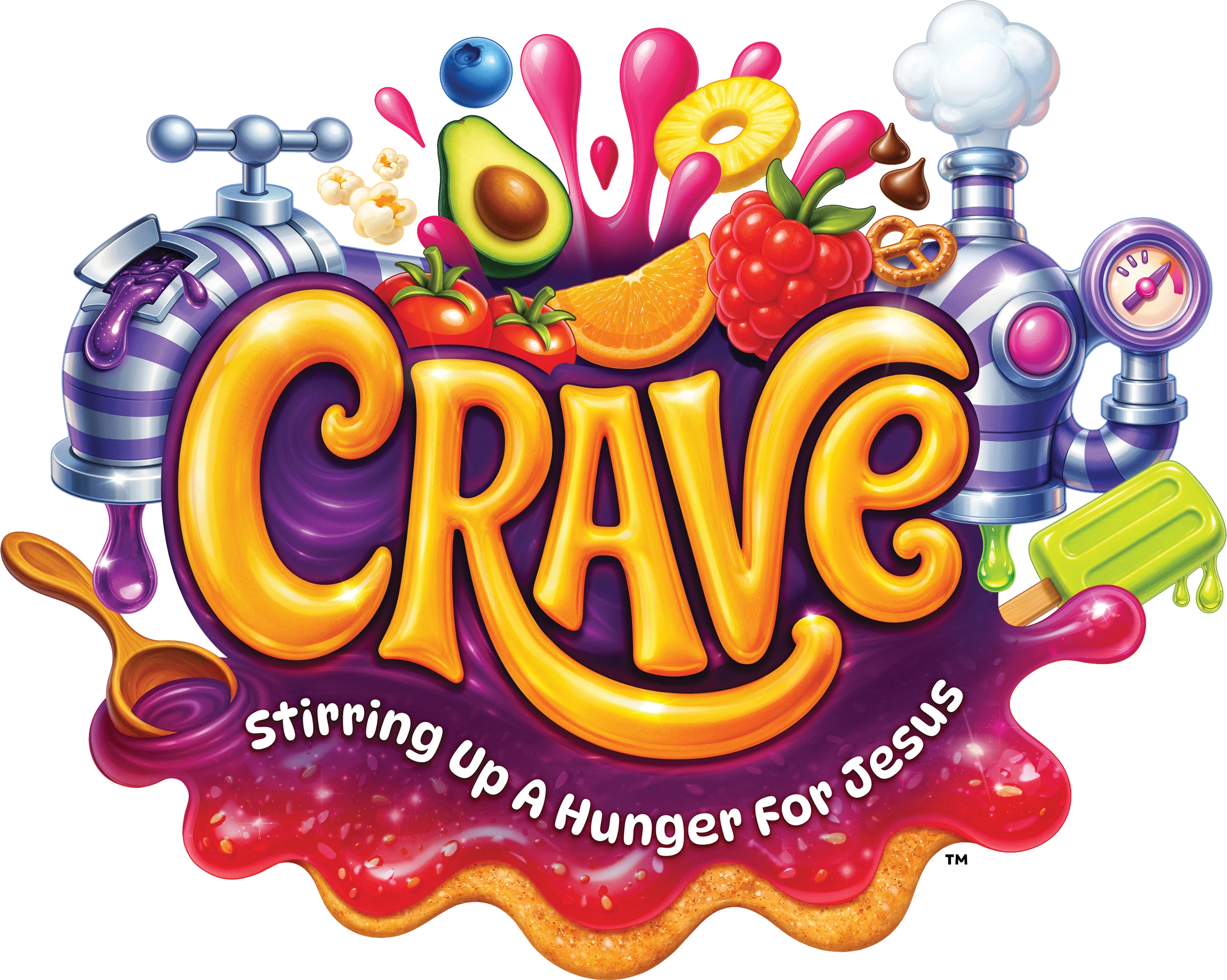 A colorful logo for 'CRAVE' designed as a food factory, bursting with fruits, sweets, and snacks, with the tagline 'Stirring Up A Hunger For Jesus'.