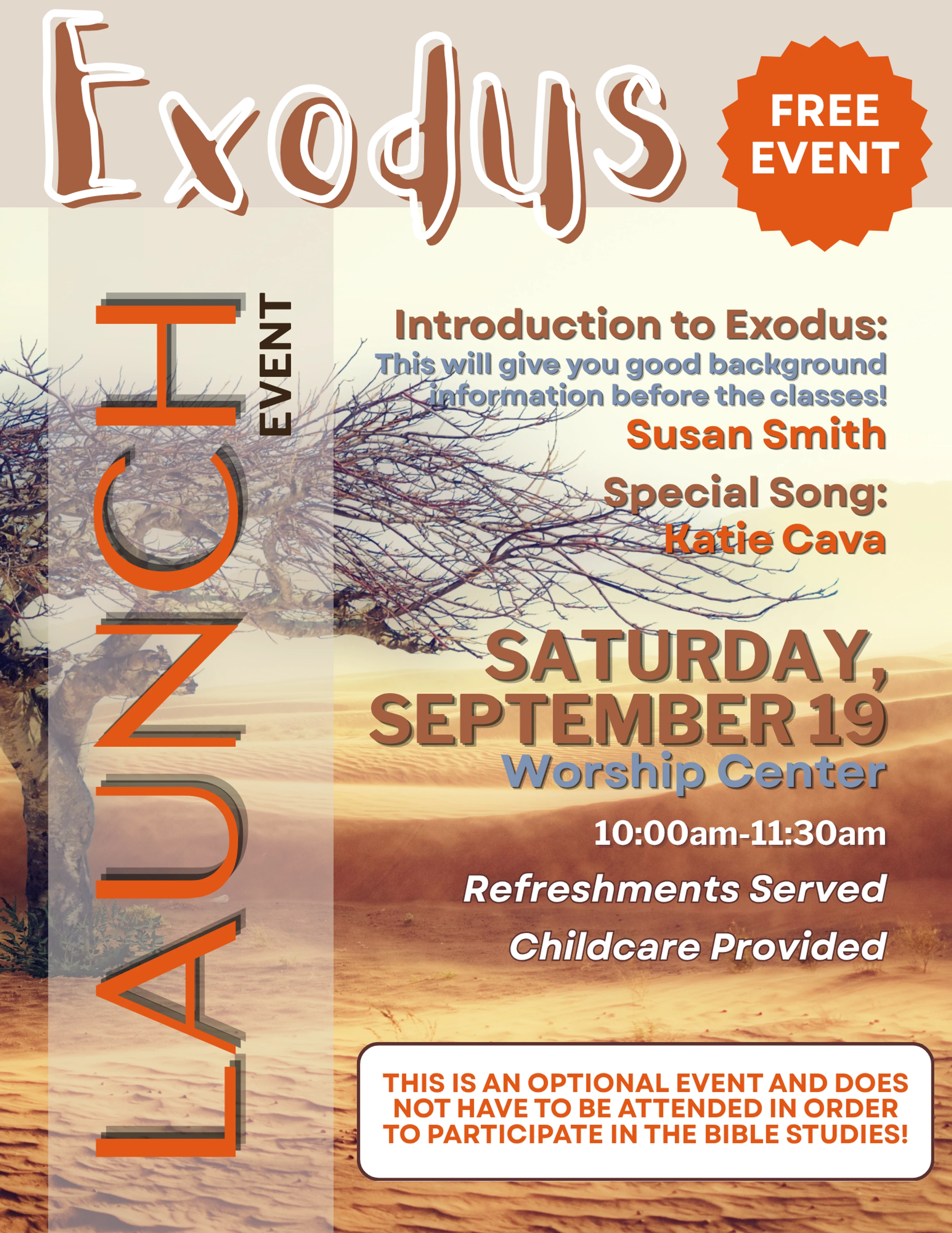 A flyer advertising a free 'Exodus' launch event on Saturday, Sept. 19. It has a desert background and mentions refreshments and childcare are provided.