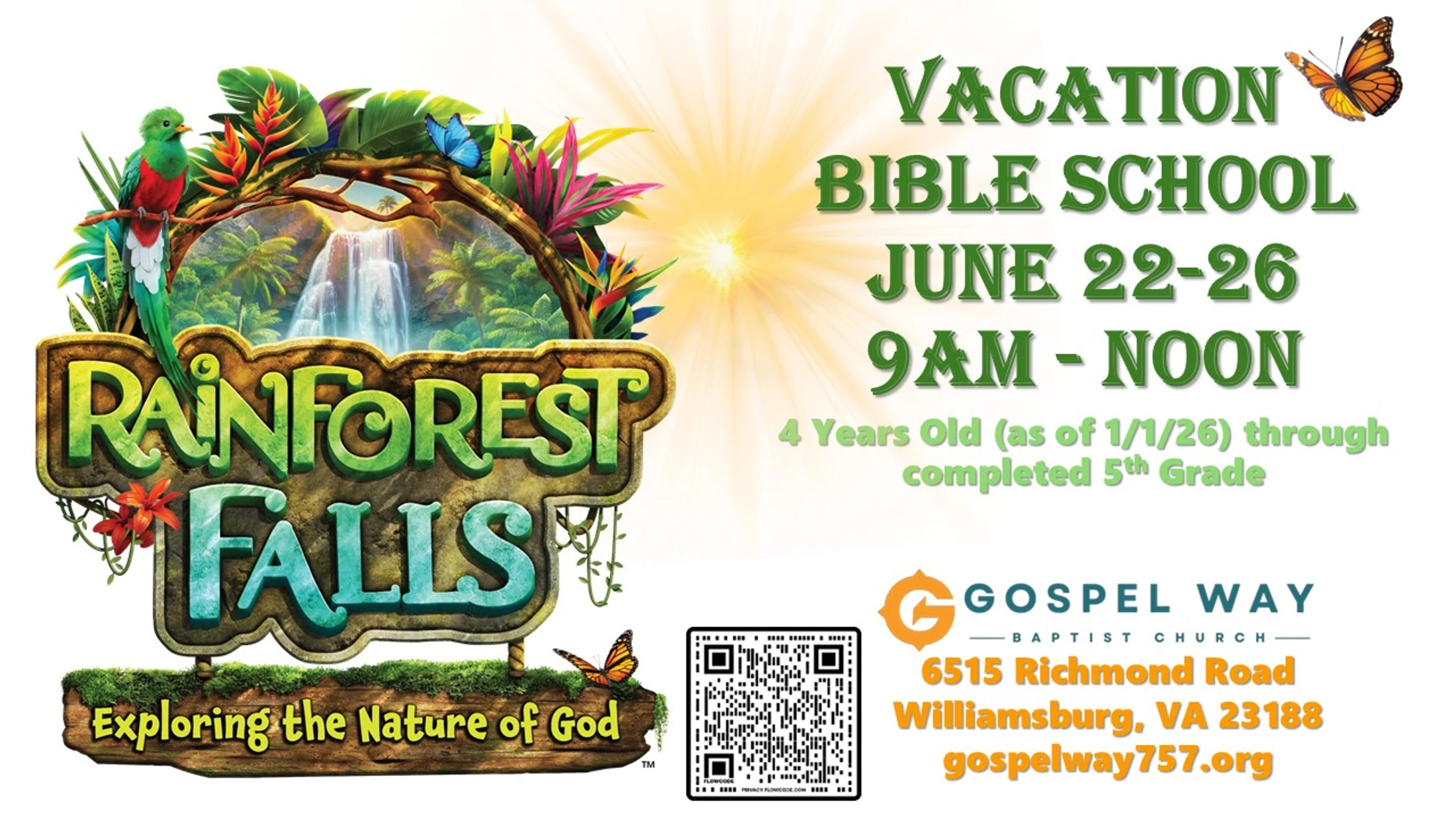 Flyer for Rainforest Falls Vacation Bible School, June 22-26, from 9 AM to noon. Features rainforest graphics, a QR code, and church contact information.