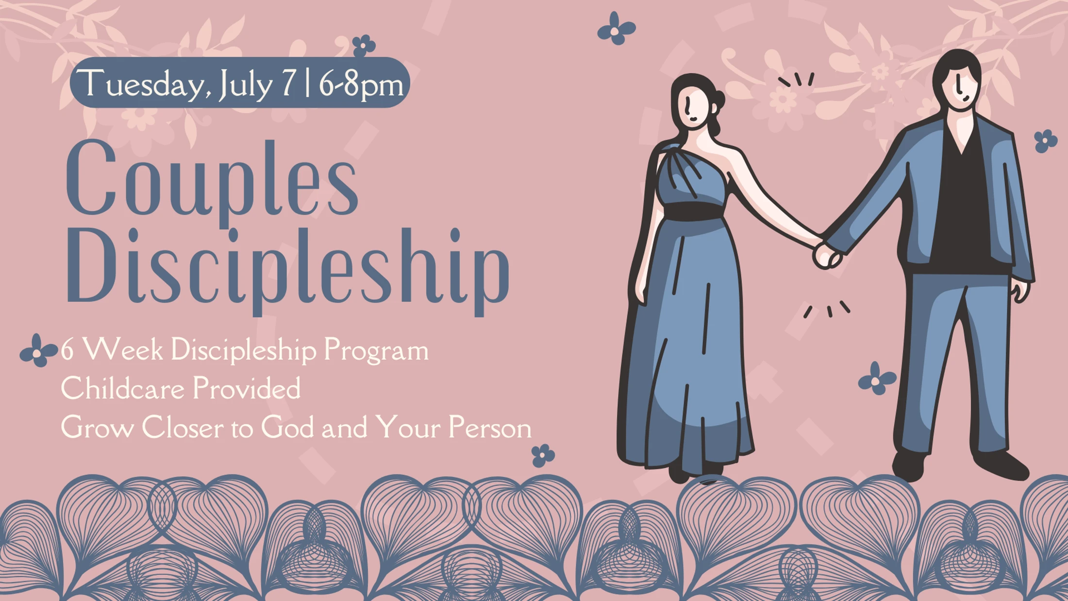 An announcement for a Couples Discipleship program on a pink background, featuring an illustration of a couple in formal wear holding hands.