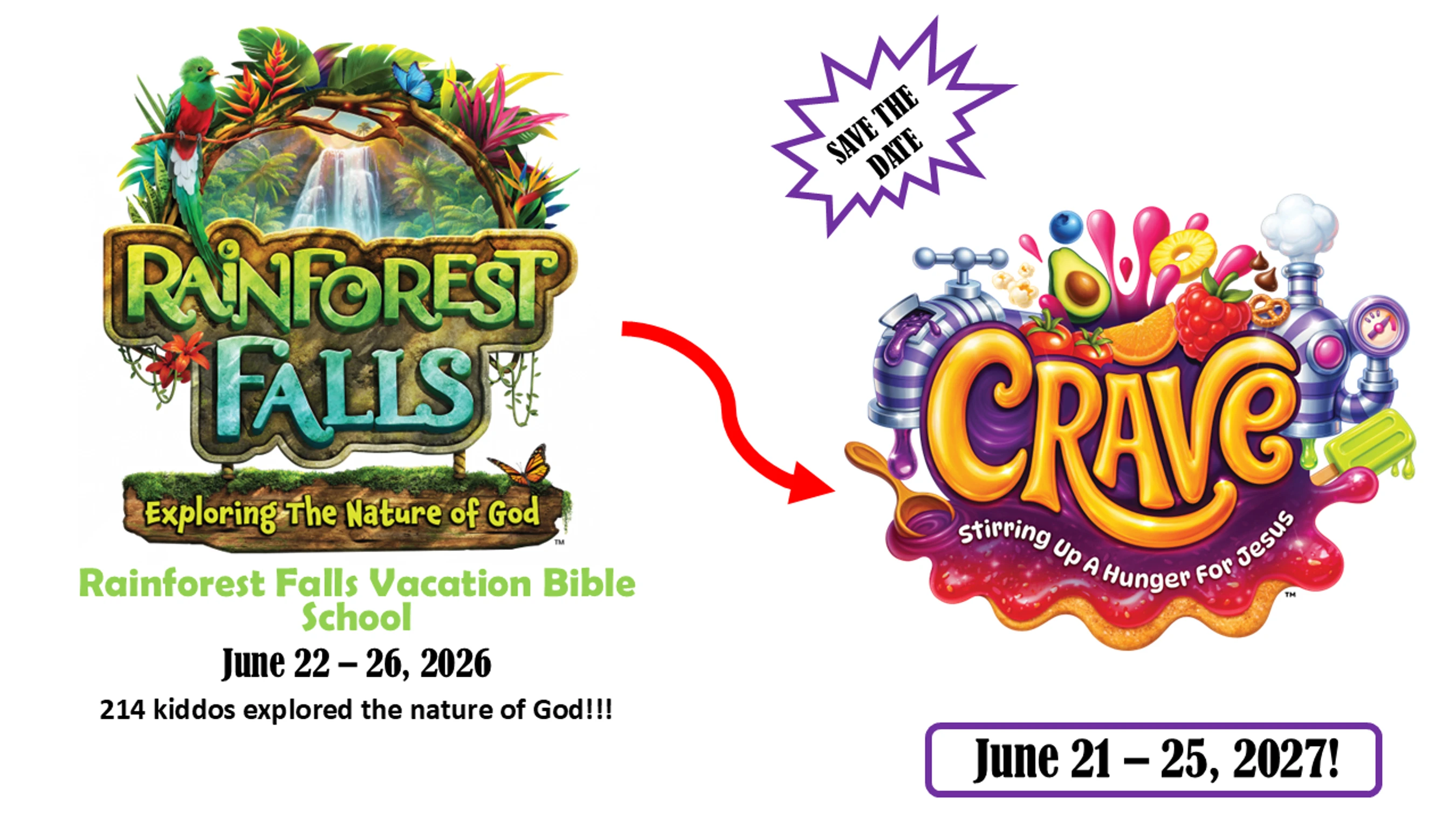 An announcement showing the 2026 'Rainforest Falls' VBS theme and saving the date for the 2027 'Crave' theme, with dates for both events.