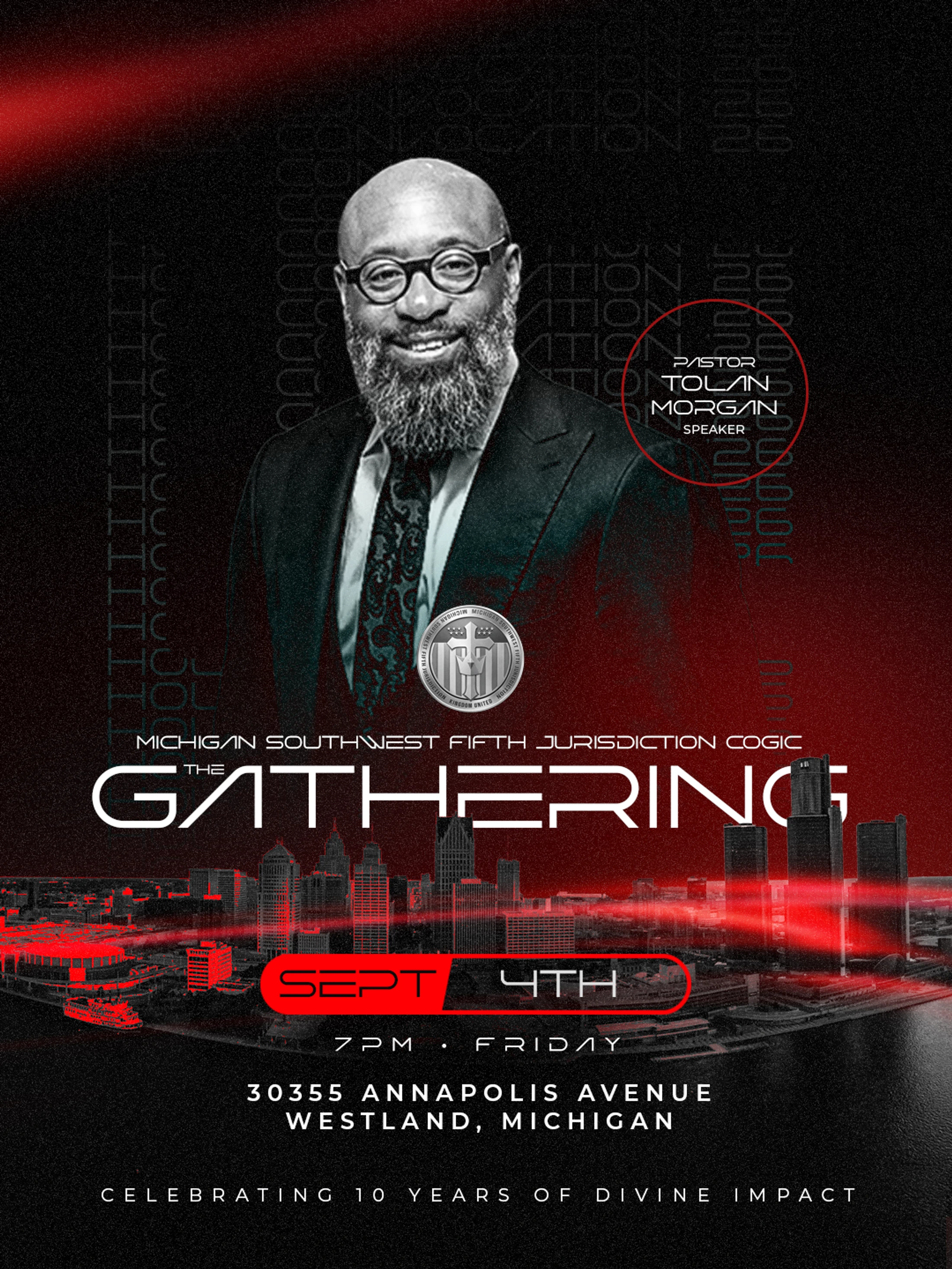 A red and black flyer for an event called 'The Gathering' featuring a photo of speaker Pastor Tolan Morgan, with event details below.