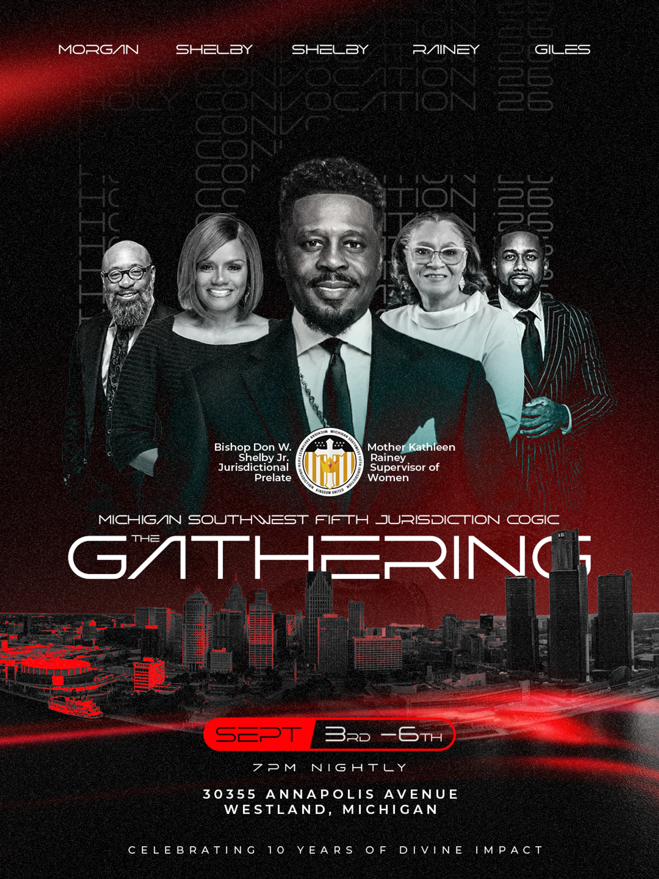Promotional flyer for 'The Gathering,' a religious convocation in Westland, Michigan. The poster features five speakers over a red and black cityscape.