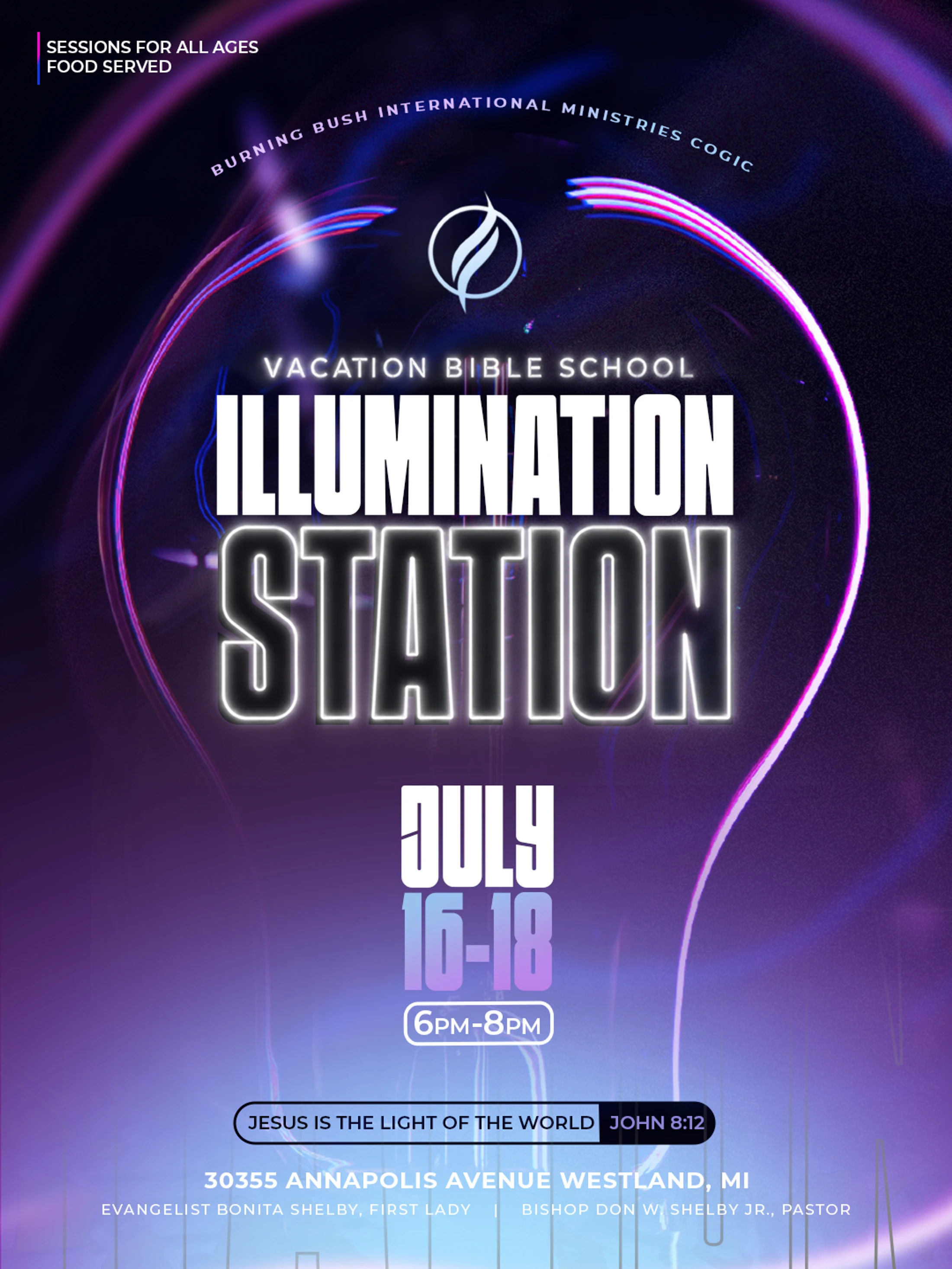 Flyer for Vacation Bible School: Illumination Station, July 16-18. A large lightbulb shape contains glowing text on a dark purple background with neon accents.