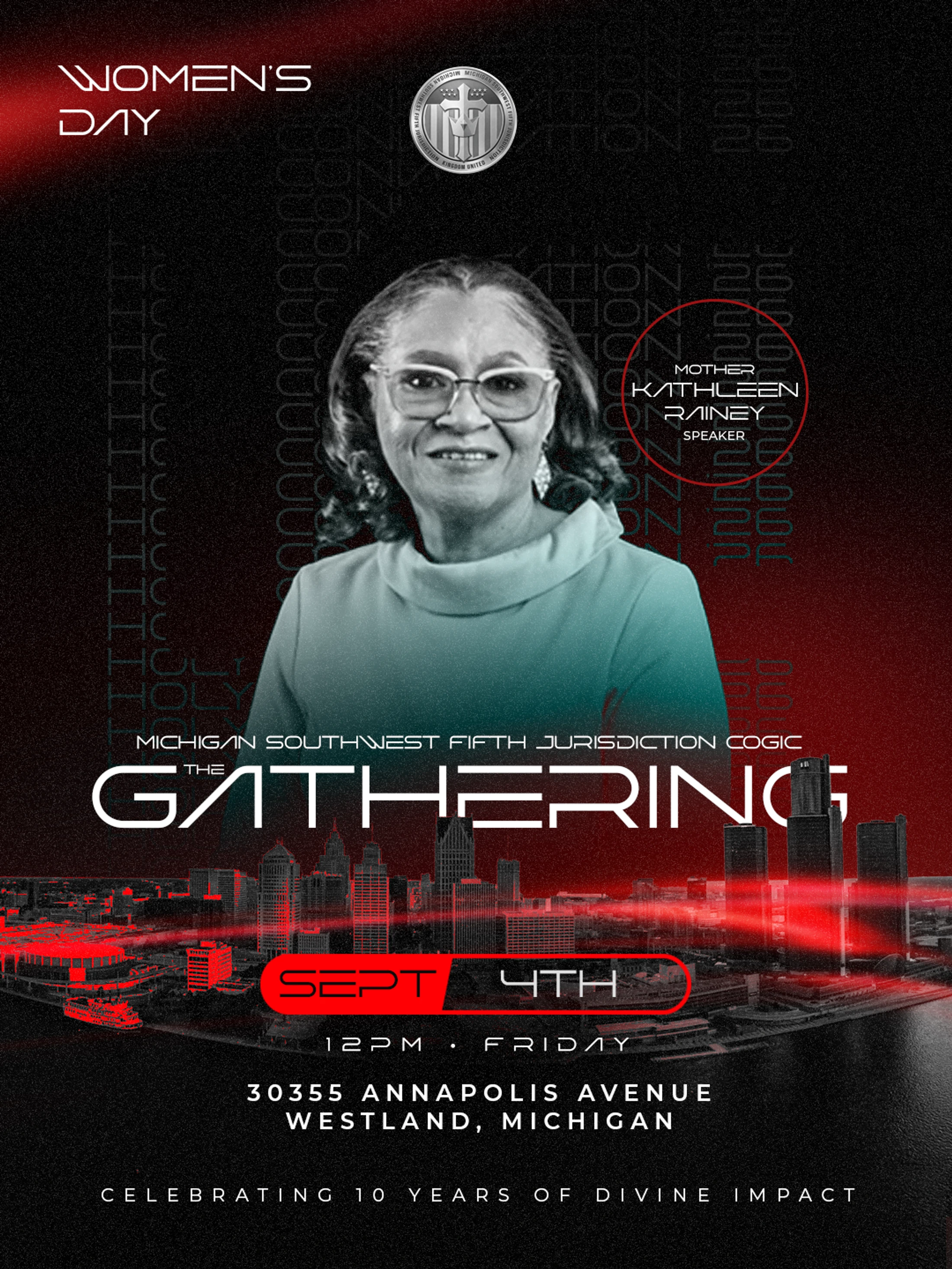 A red and black promotional flyer for a Women's Day event called The Gathering, featuring a photo of speaker Mother Kathleen Rainey and event details.
