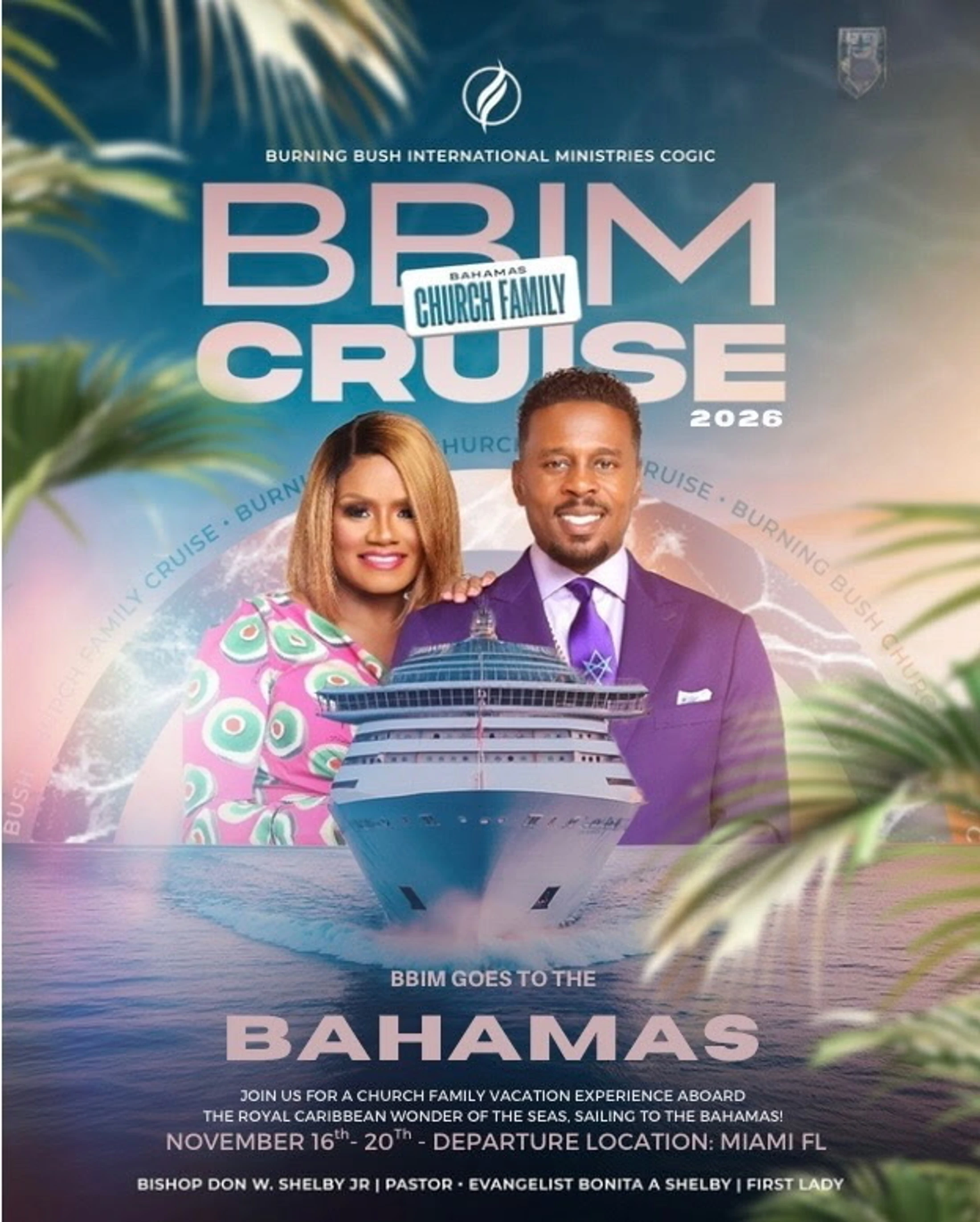 A promotional flyer for a church cruise to the Bahamas in 2026, featuring a smiling couple, a large cruise ship, and event details.