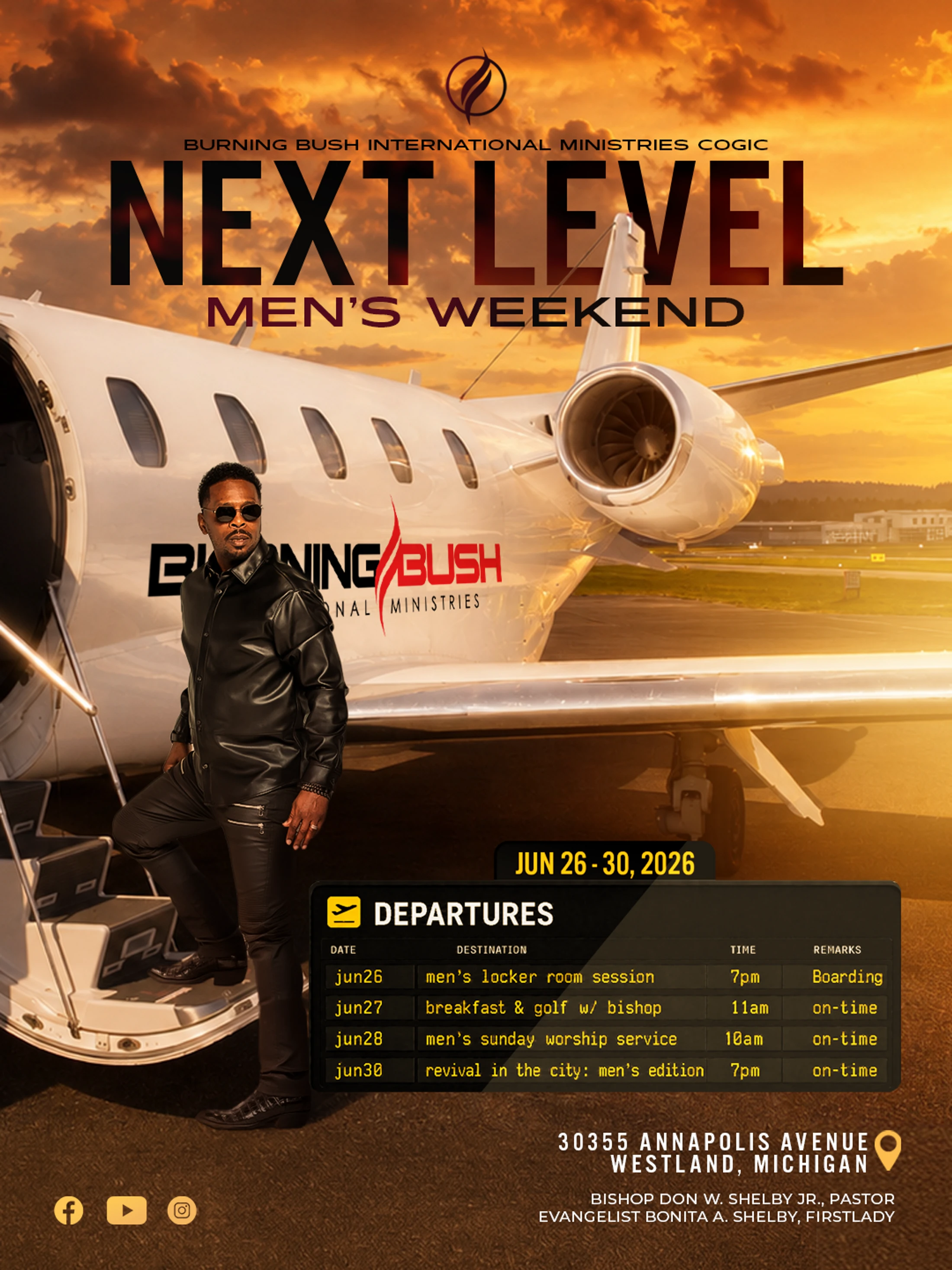 A promotional flyer for a men's weekend church event featuring a man in a leather jacket standing on the steps of a private jet at sunset.