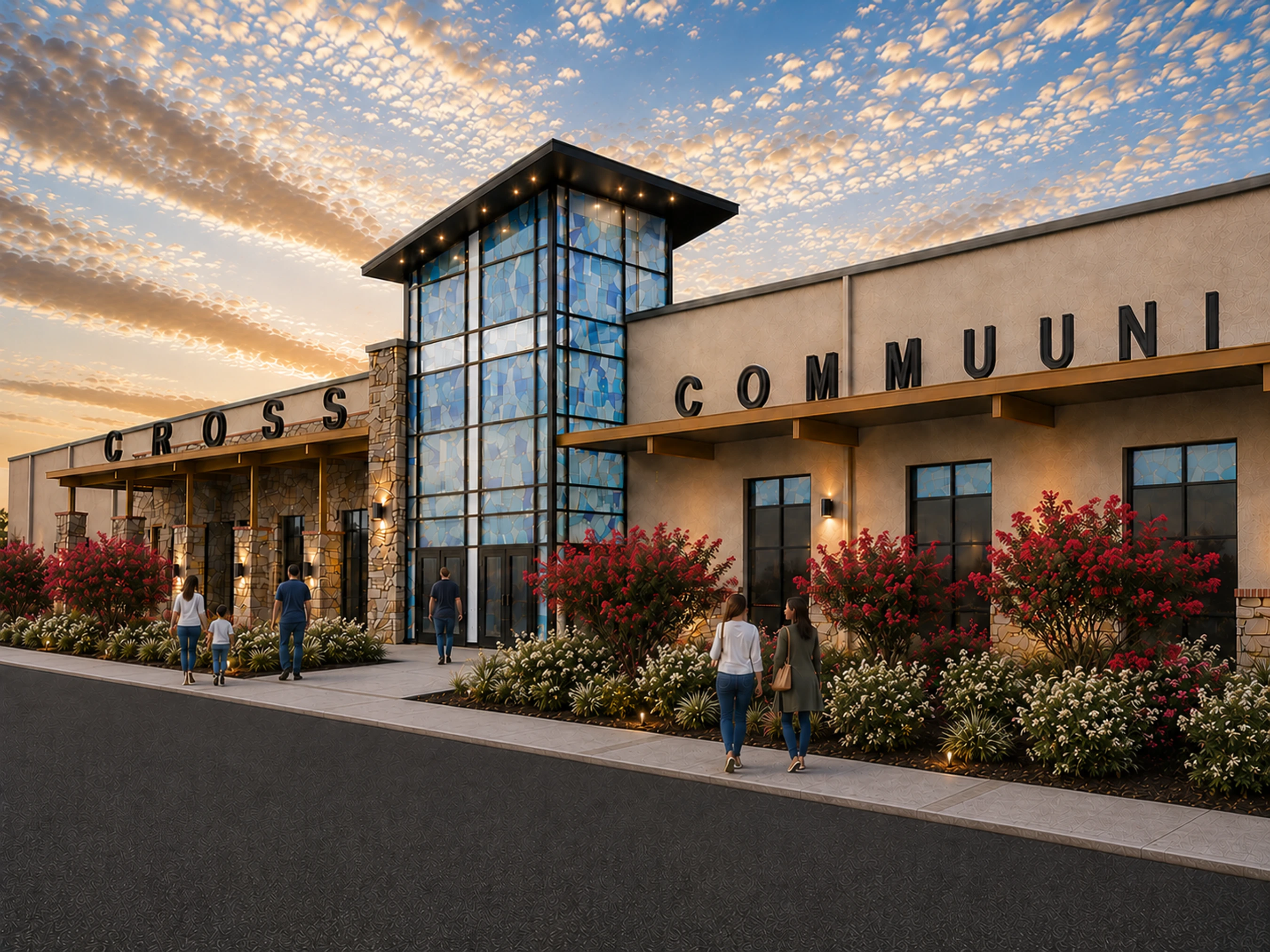 An architectural rendering of a modern community church at sunset, with families walking toward the stone facade and blue stained-glass entrance.