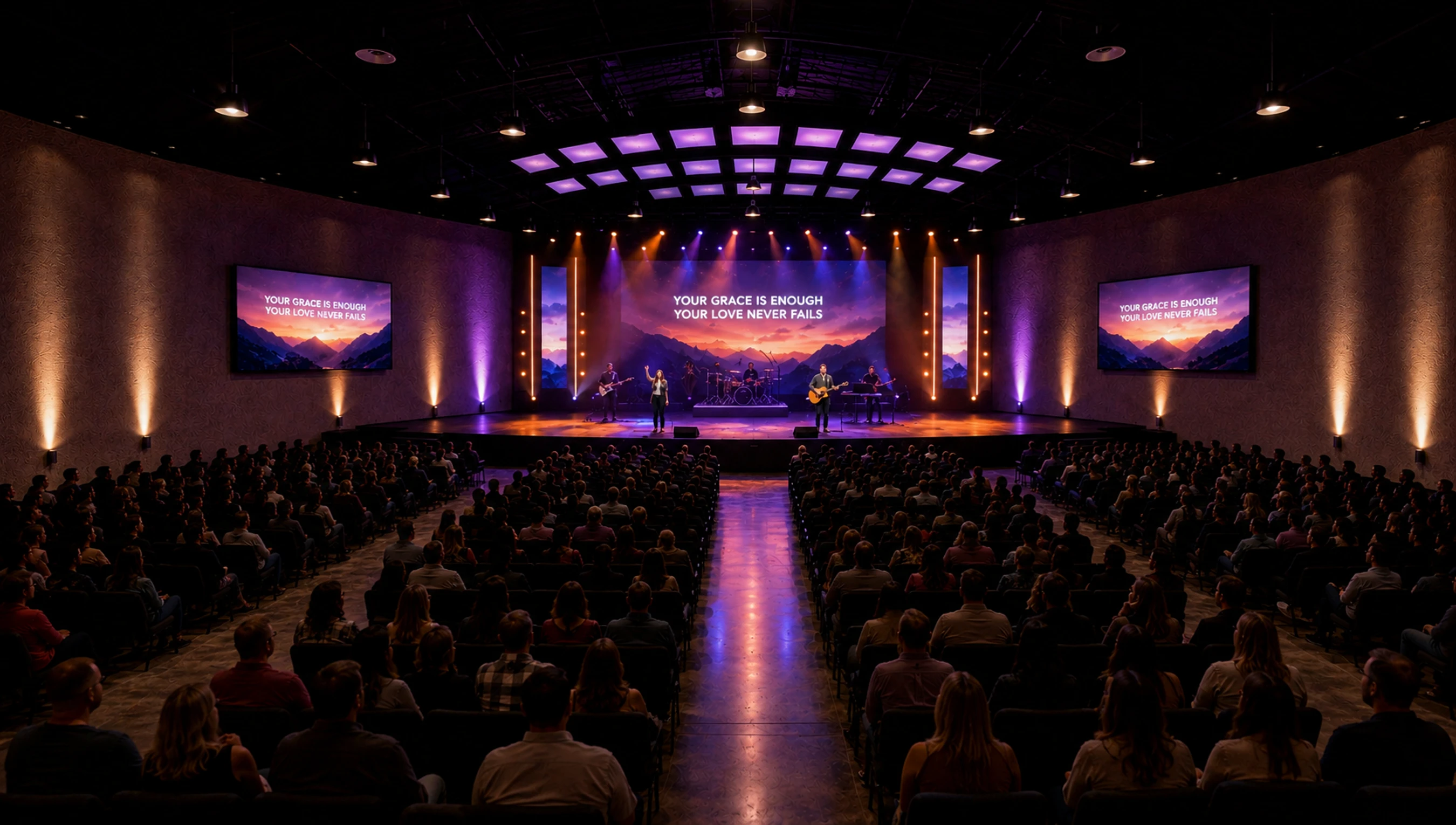 A wide shot of a crowded auditorium facing a stage where a worship band is performing under purple and orange lights, with lyrics displayed on large screens.