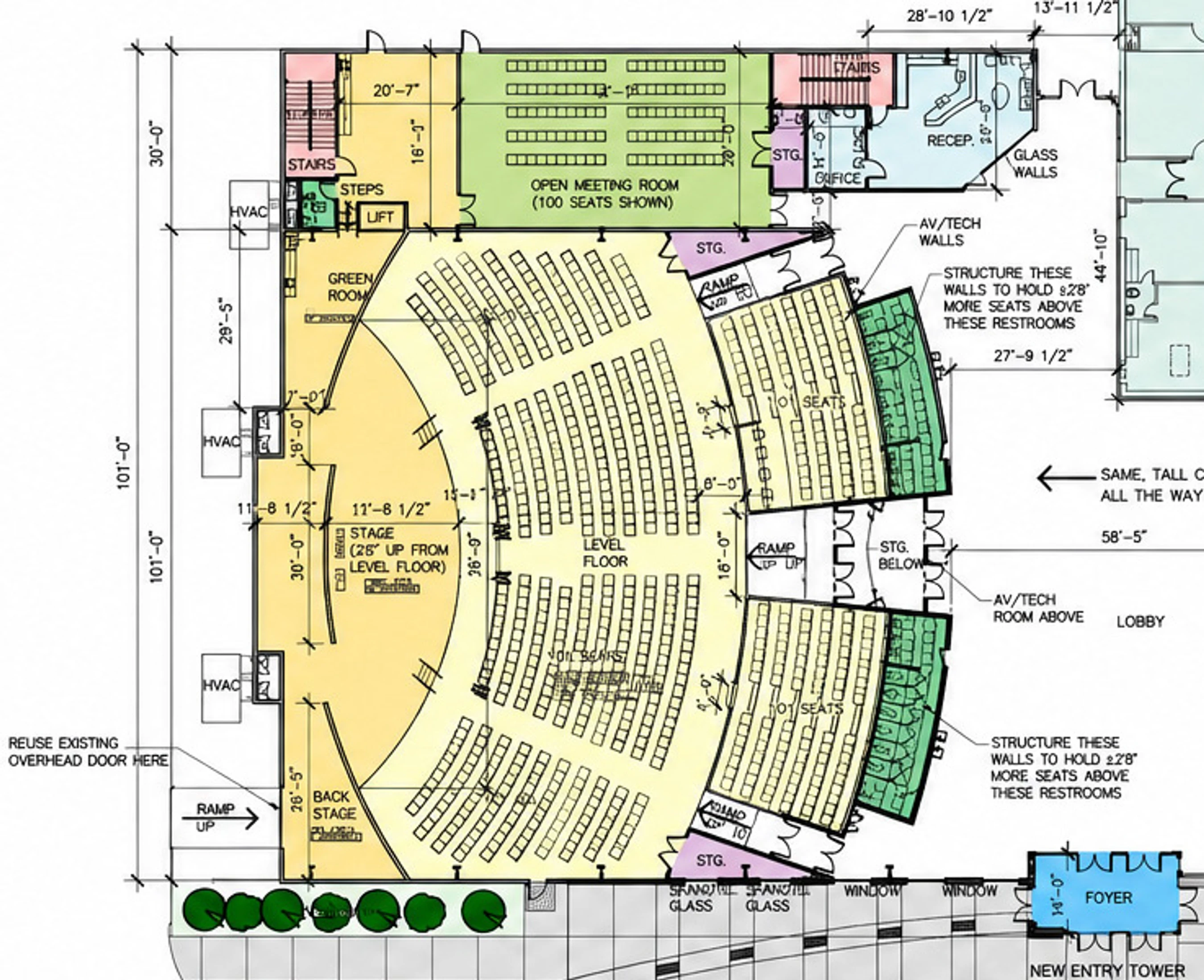 A color-coded architectural floor plan showing a large auditorium with curved seating, a stage, a green room, and an adjacent open meeting room with seating.