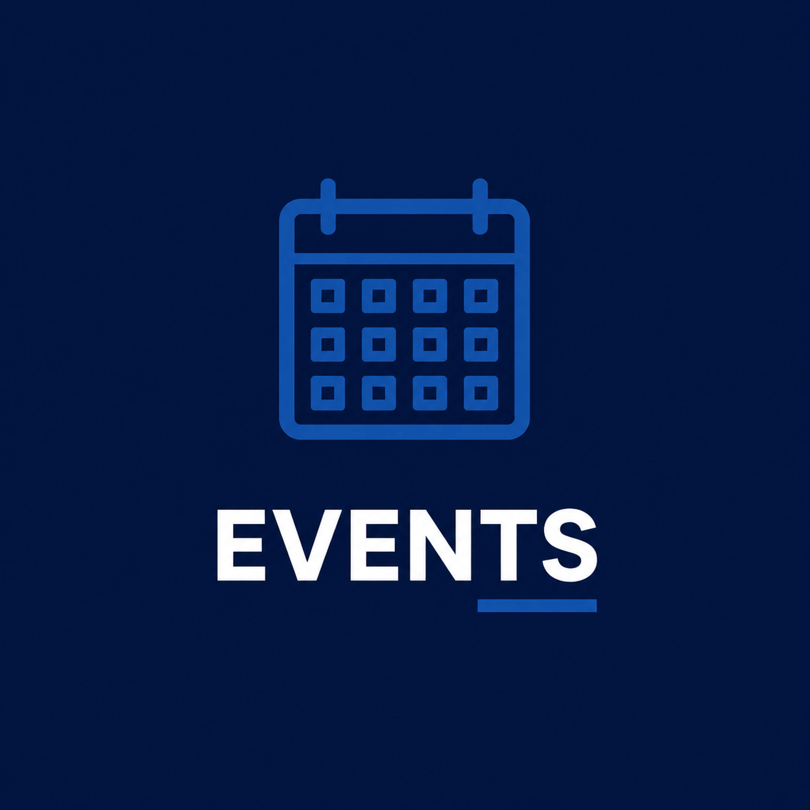 A blue line icon of a calendar on a dark blue background, with the word EVENTS in white capital letters below it.