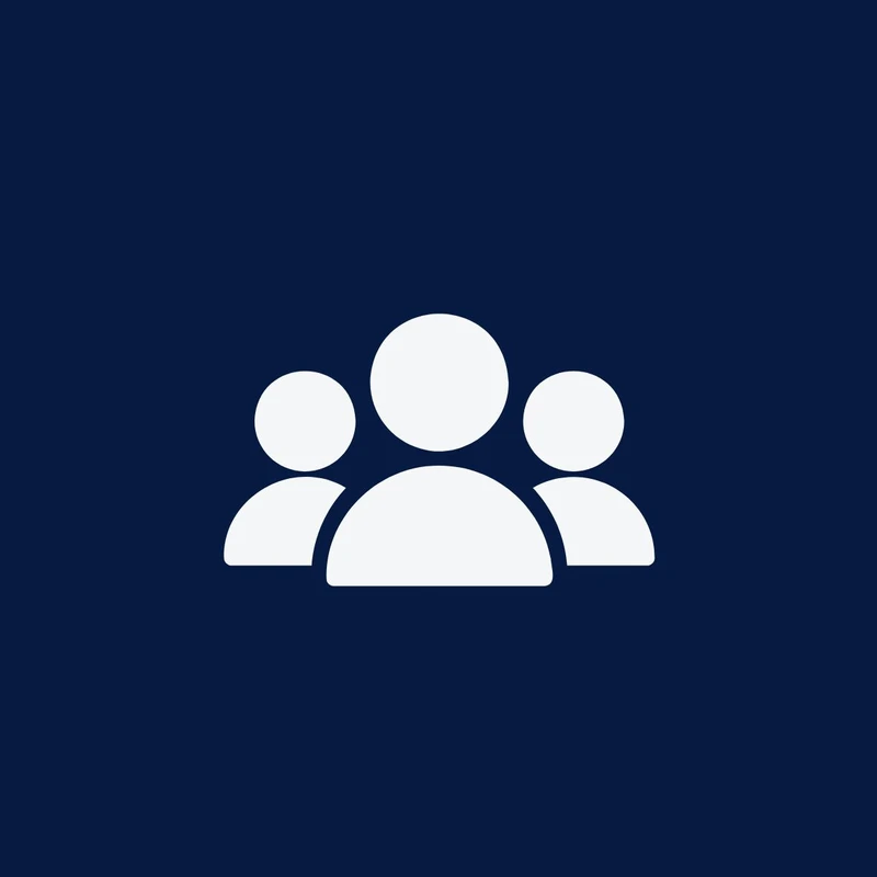 A white icon of three stylized people, representing a group or team, centered on a dark navy blue background.