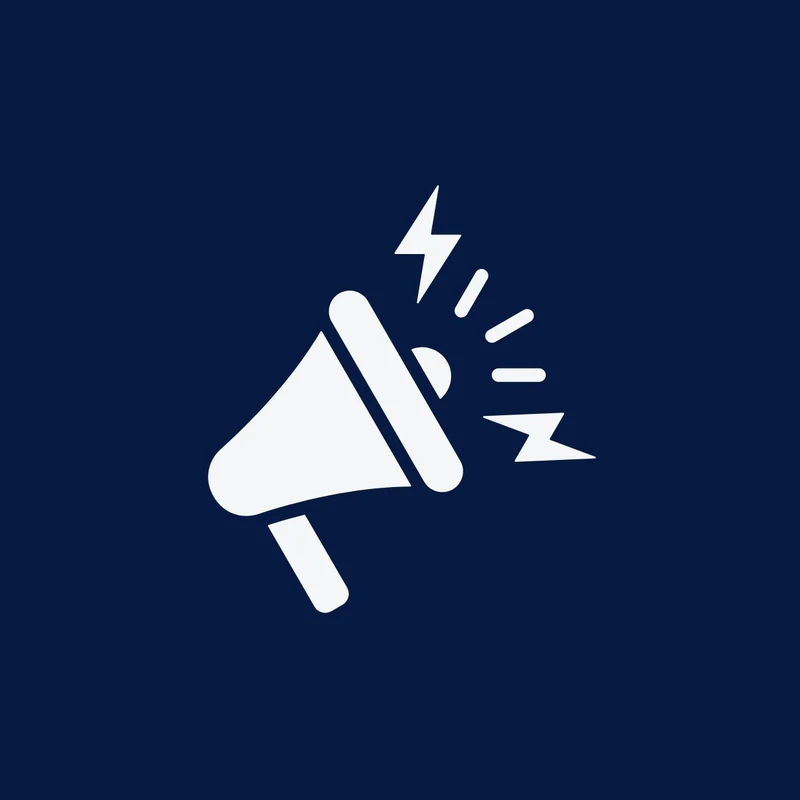 A white graphic icon of a megaphone with sound lines and lightning bolts coming out, symbolizing a loud announcement, set against a dark blue background.