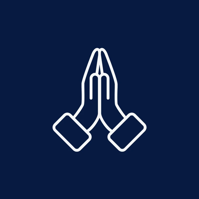 A white line art icon of two hands pressed together in a praying or namaste gesture, set against a solid dark blue background.