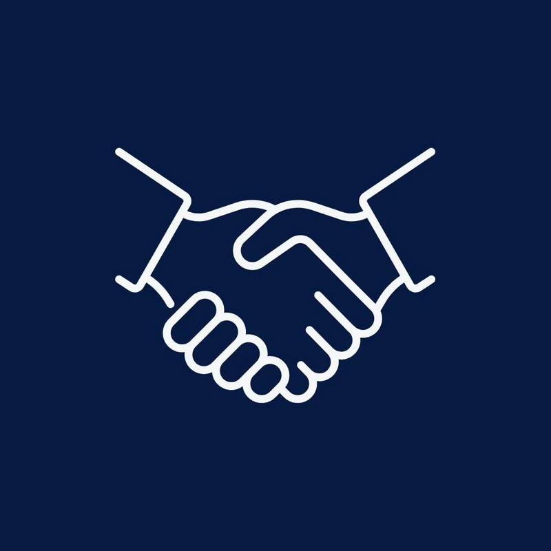 A white line art icon showing two hands shaking in agreement. The graphic is set against a solid dark navy blue background.