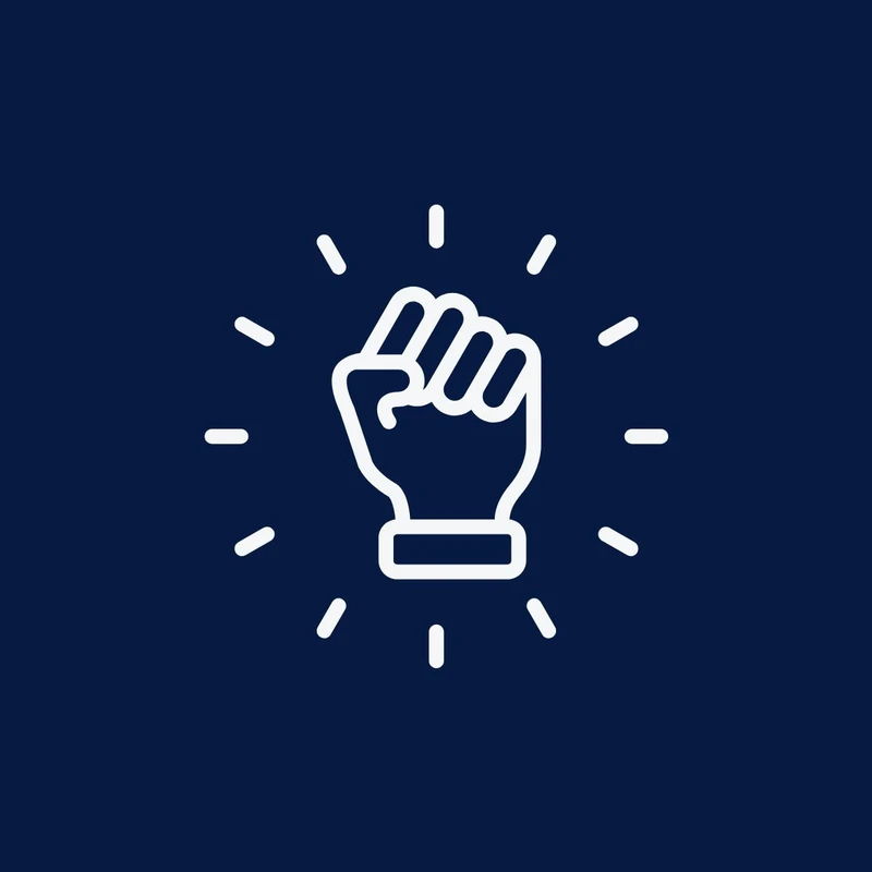 A white line-art icon of a clenched, raised fist with radiating lines of light, set against a dark blue background, symbolizing power and solidarity.