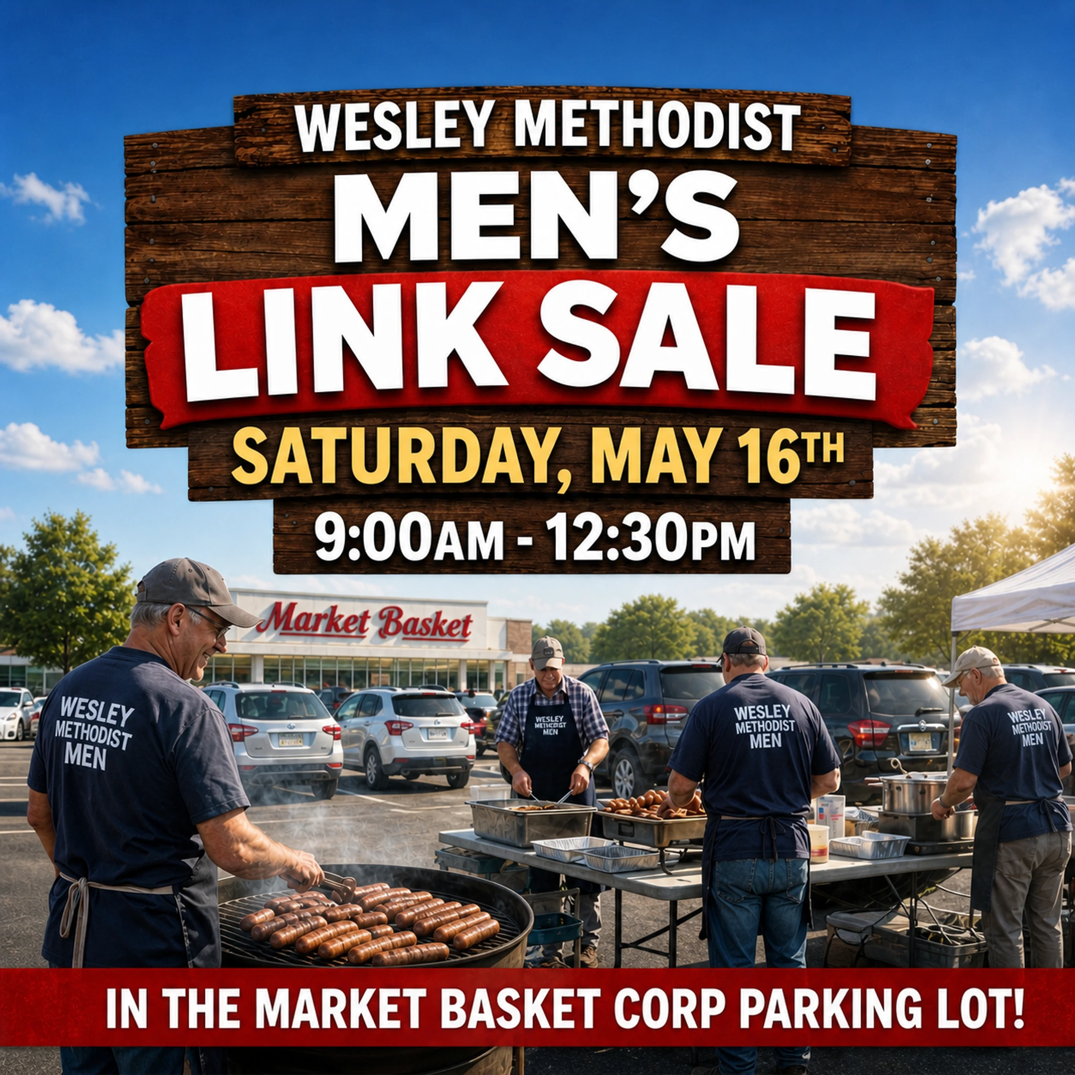 A promotional flyer for a church fundraiser. It shows men grilling sausages in a supermarket parking lot under a blue sky with event details overlaid.
