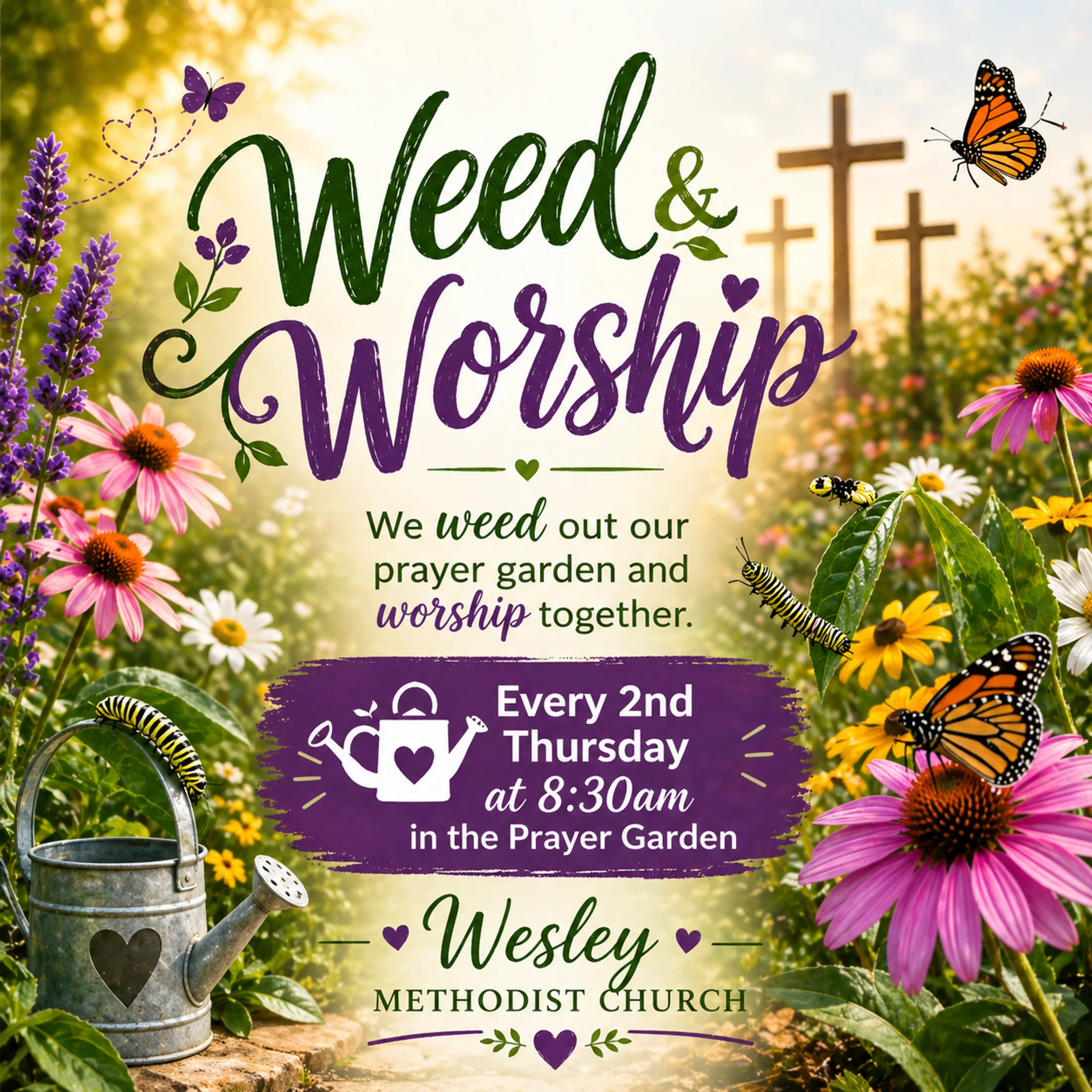 An announcement for a church event called Weed & Worship in a prayer garden, with flowers, butterflies, caterpillars, a watering can, and three crosses.