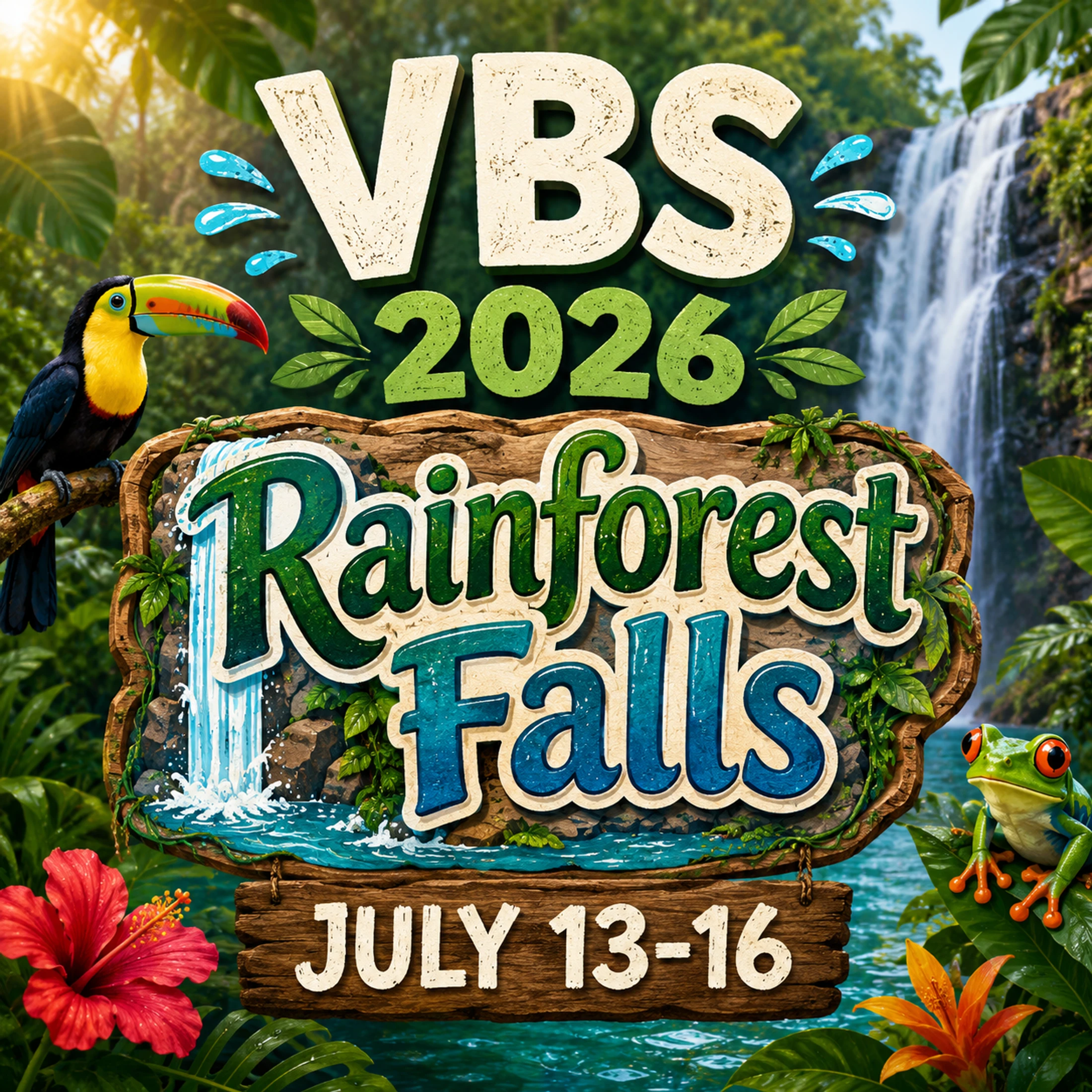 A vibrant graphic for VBS 2026, themed "Rainforest Falls," featuring a lush jungle, a waterfall, a toucan, and a red-eyed tree frog.