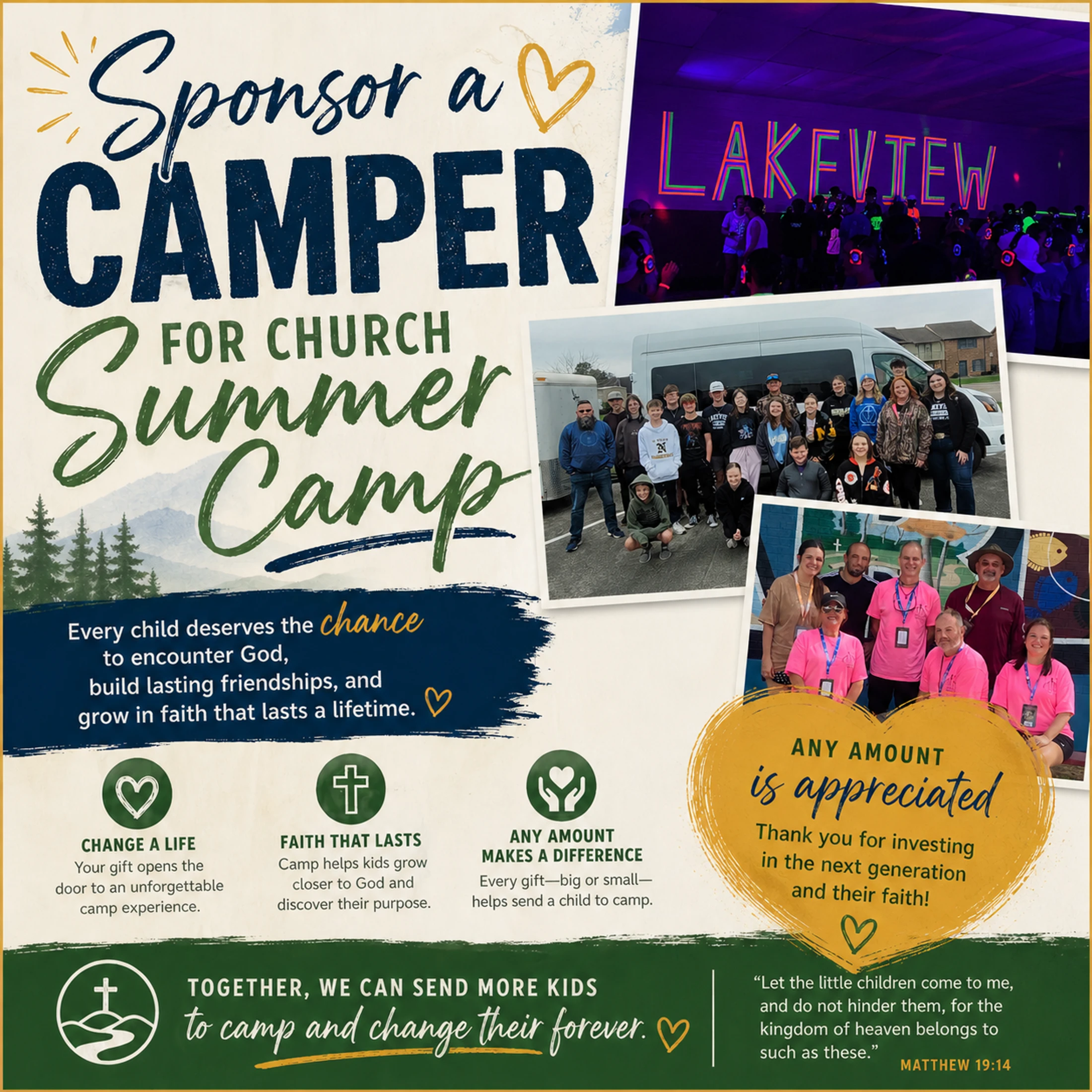 A promotional graphic asking for donations to sponsor a camper for church summer camp, featuring a collage of photos of kids and counselors.