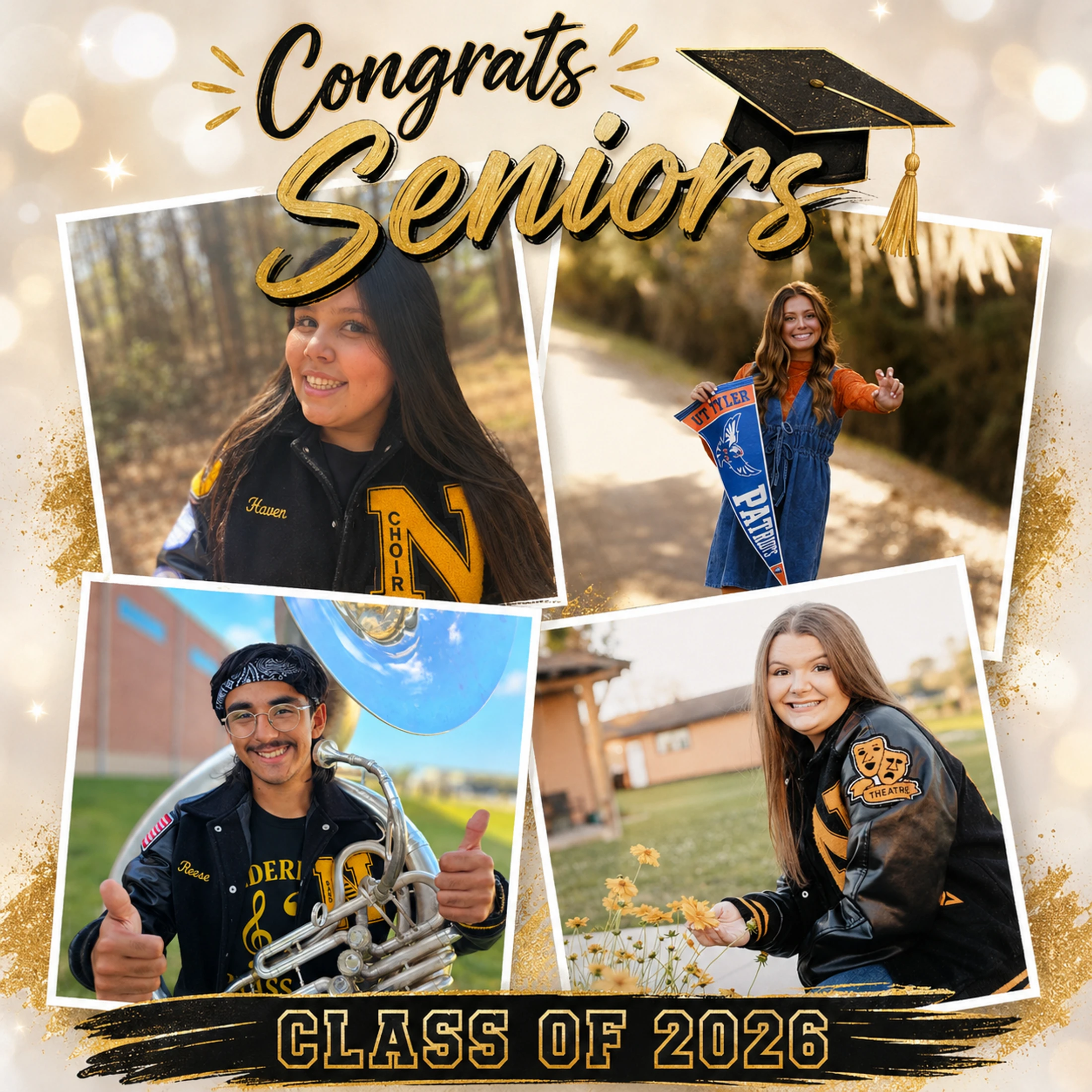 A celebratory collage for the 'Class of 2026' with four photos of high school seniors involved in choir, band, and theatre, dressed in letterman jackets.