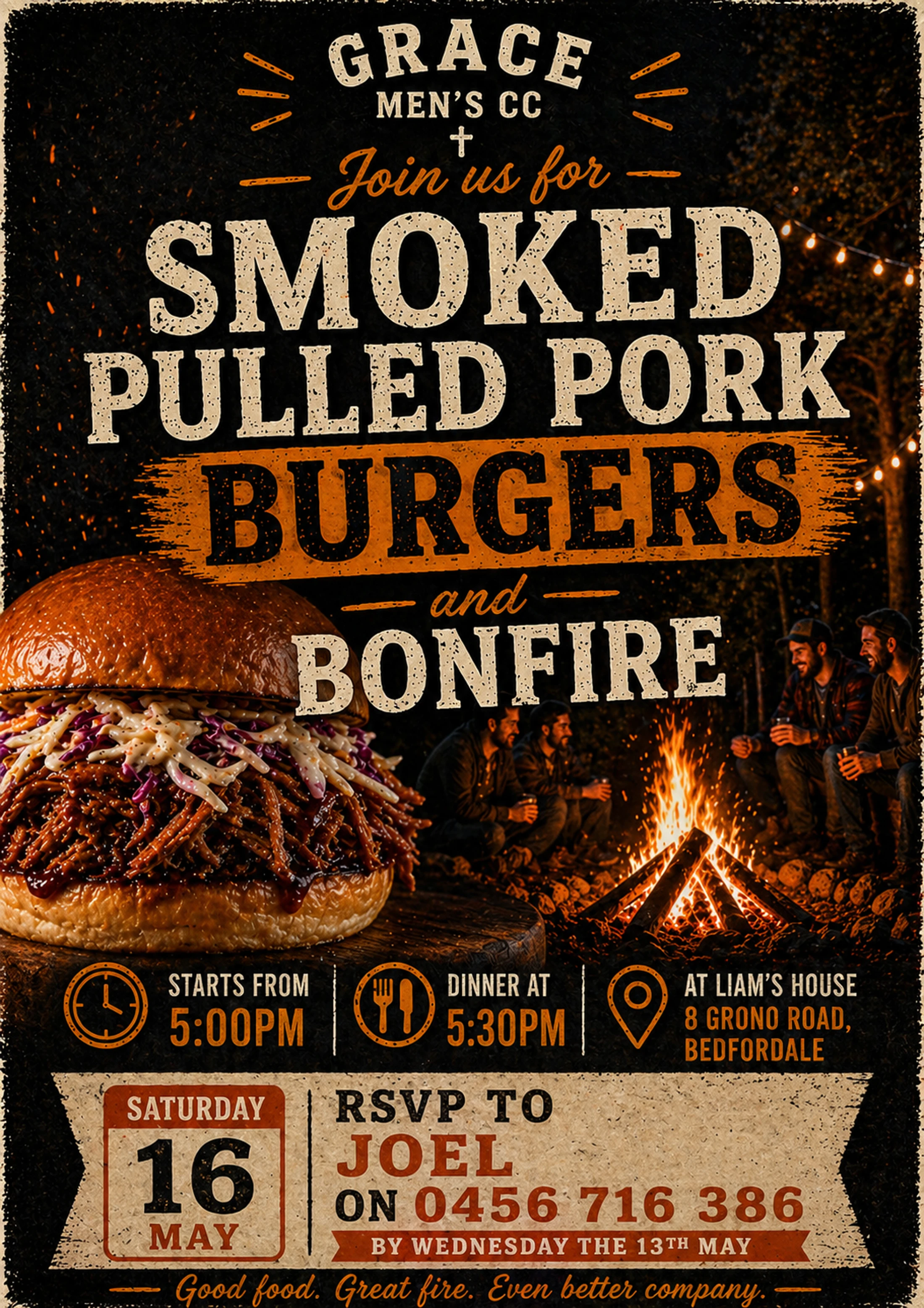 Grace Men's Smoked Pulled Pork Burgers & Bonfire