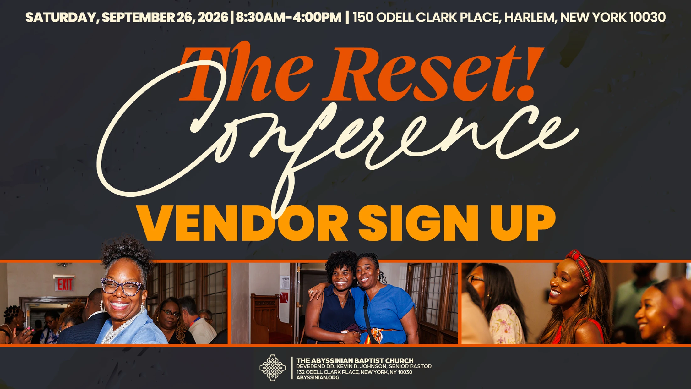 A promotional banner for 'The Reset! Conference' vendor sign up, with event details and a photo strip of smiling Black people at the bottom.
