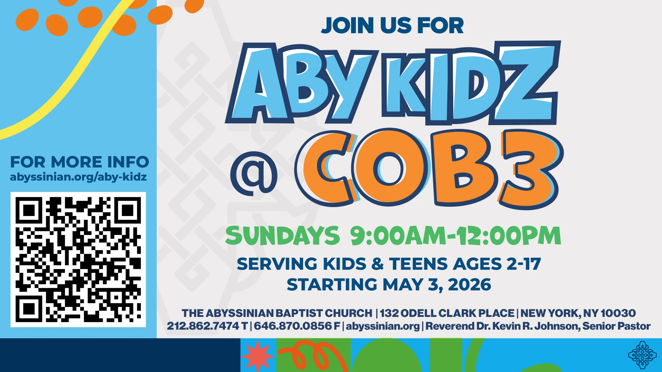 Promotional flyer for ABYKIDZ @ COB3. Sundays 9am-12pm for kids & teens ages 2-17, starting May 3, 2026. Includes a QR code for more info.