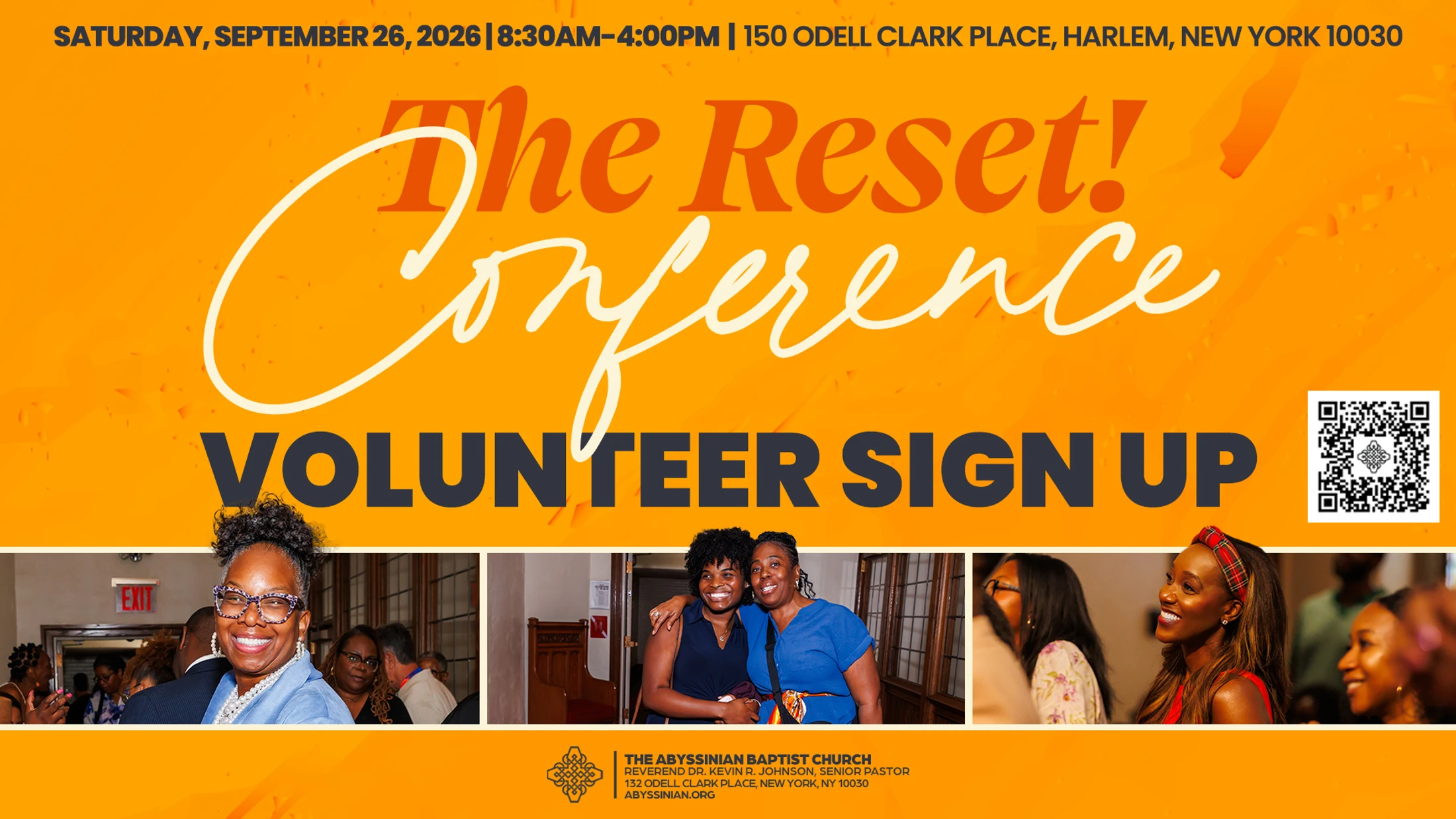 An orange flyer for "The Reset! Conference" volunteer sign up, with event details, a QR code, and a photo strip of smiling church attendees.