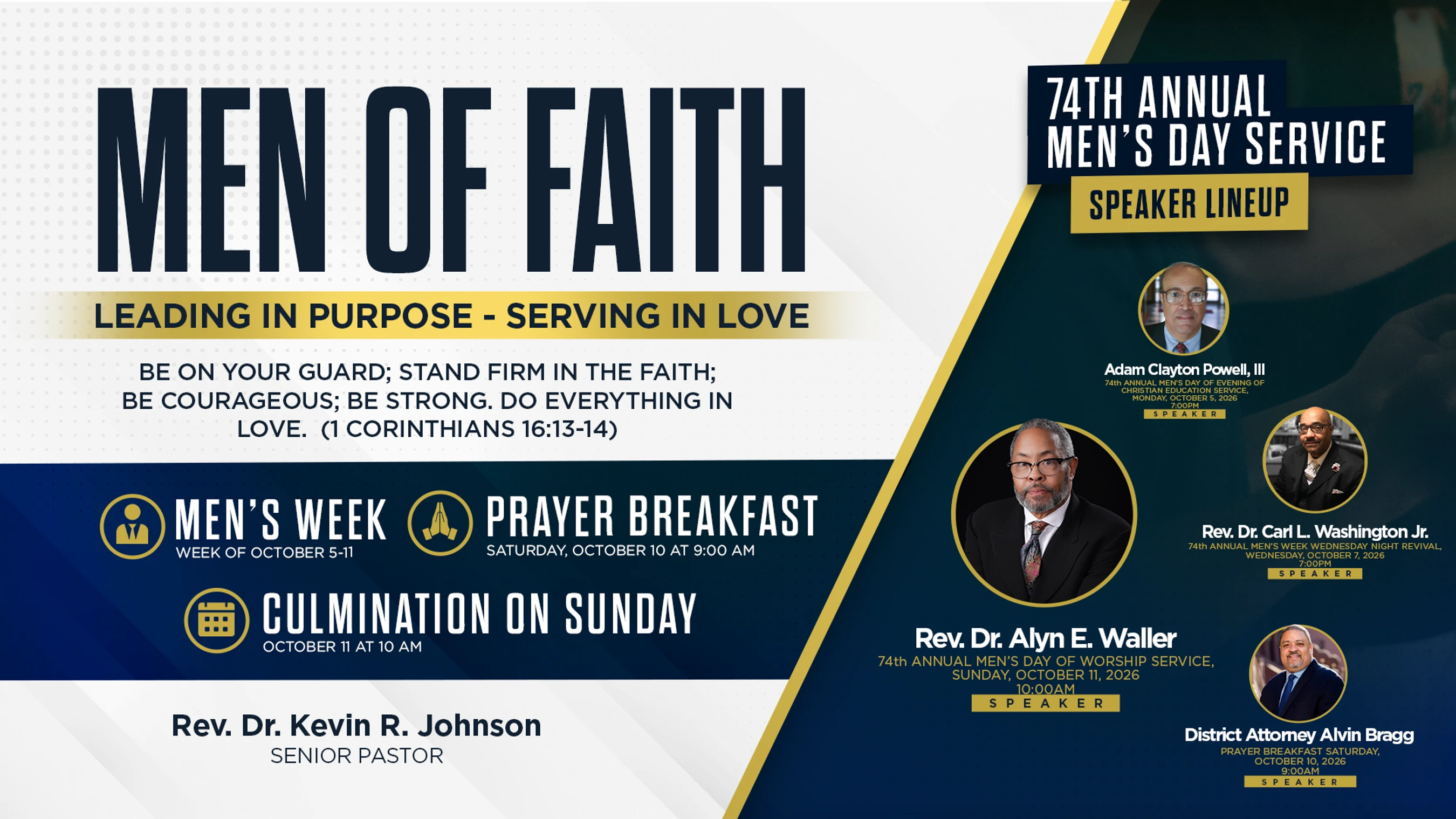 A promotional flyer for a church event titled 'Men of Faith'. It lists the schedule for Men's Week and shows the speaker lineup with their photos.