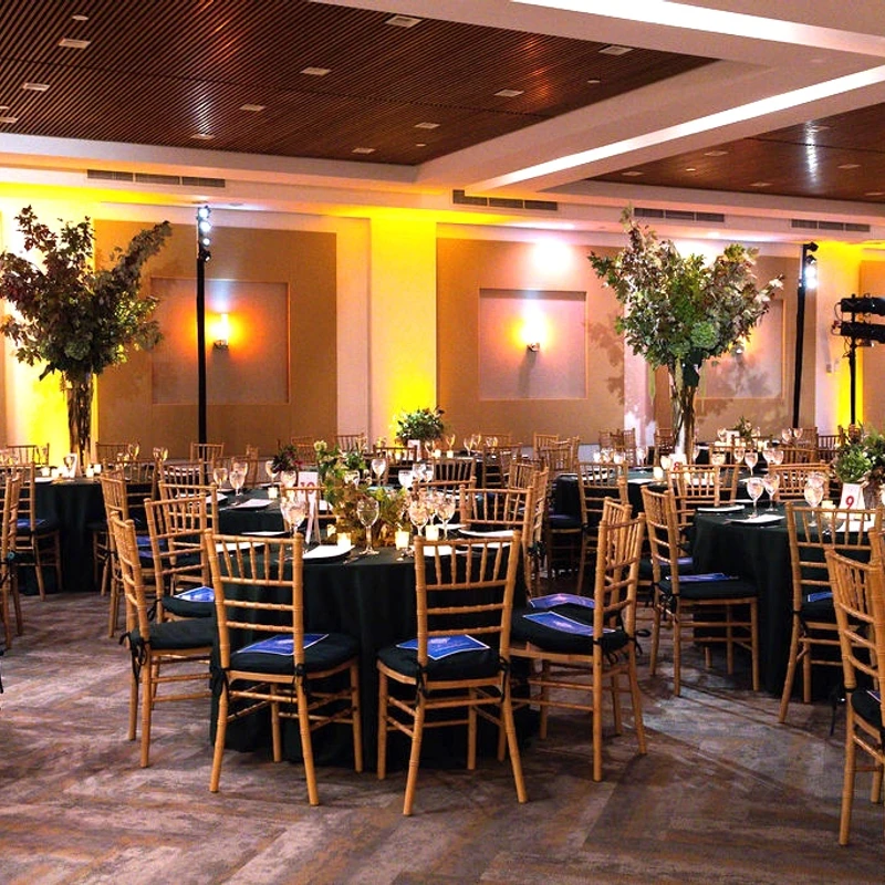 An elegant banquet hall set for a formal event with round tables covered in dark cloths, gold Chiavari chairs, and tall leafy centerpieces under warm lighting.