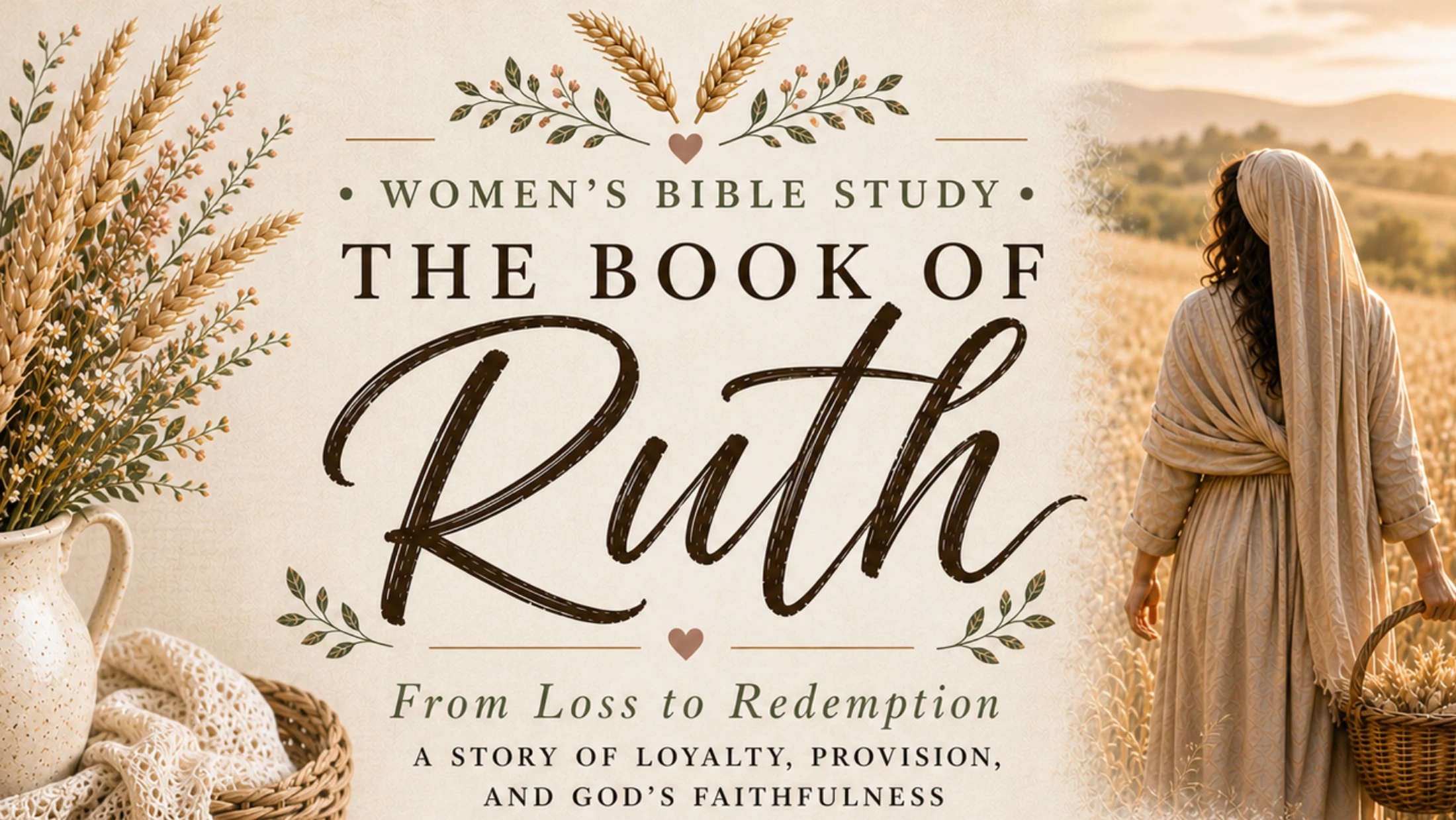 A promotional graphic for a Women's Bible Study on The Book of Ruth, featuring a woman walking through a wheat field.